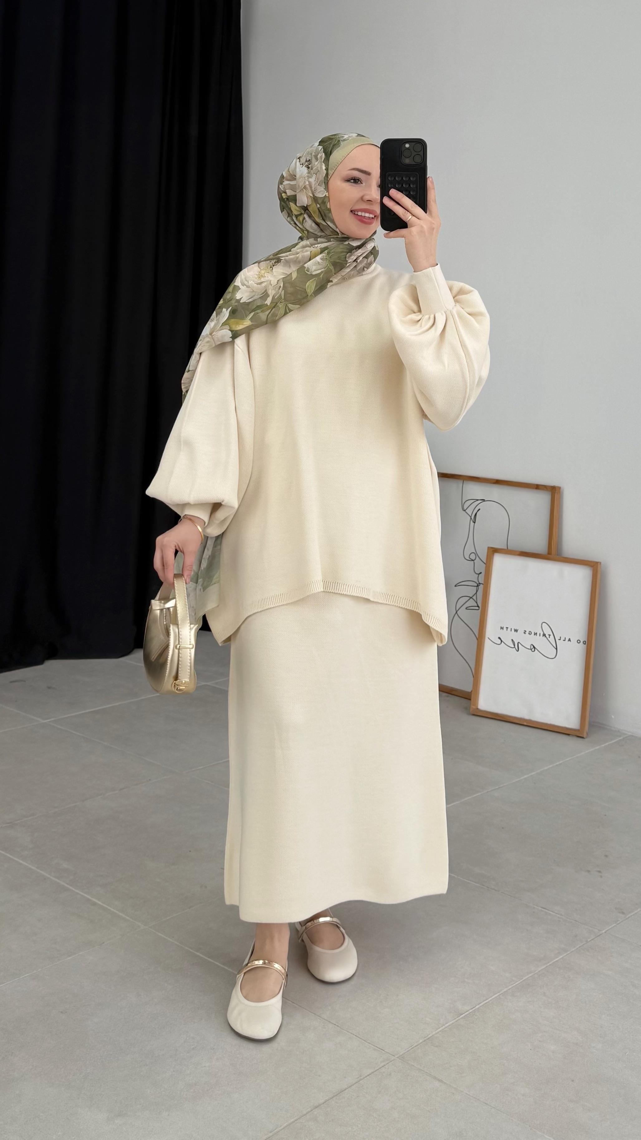 Knit Oversize Krem Etekli Triko Takım 