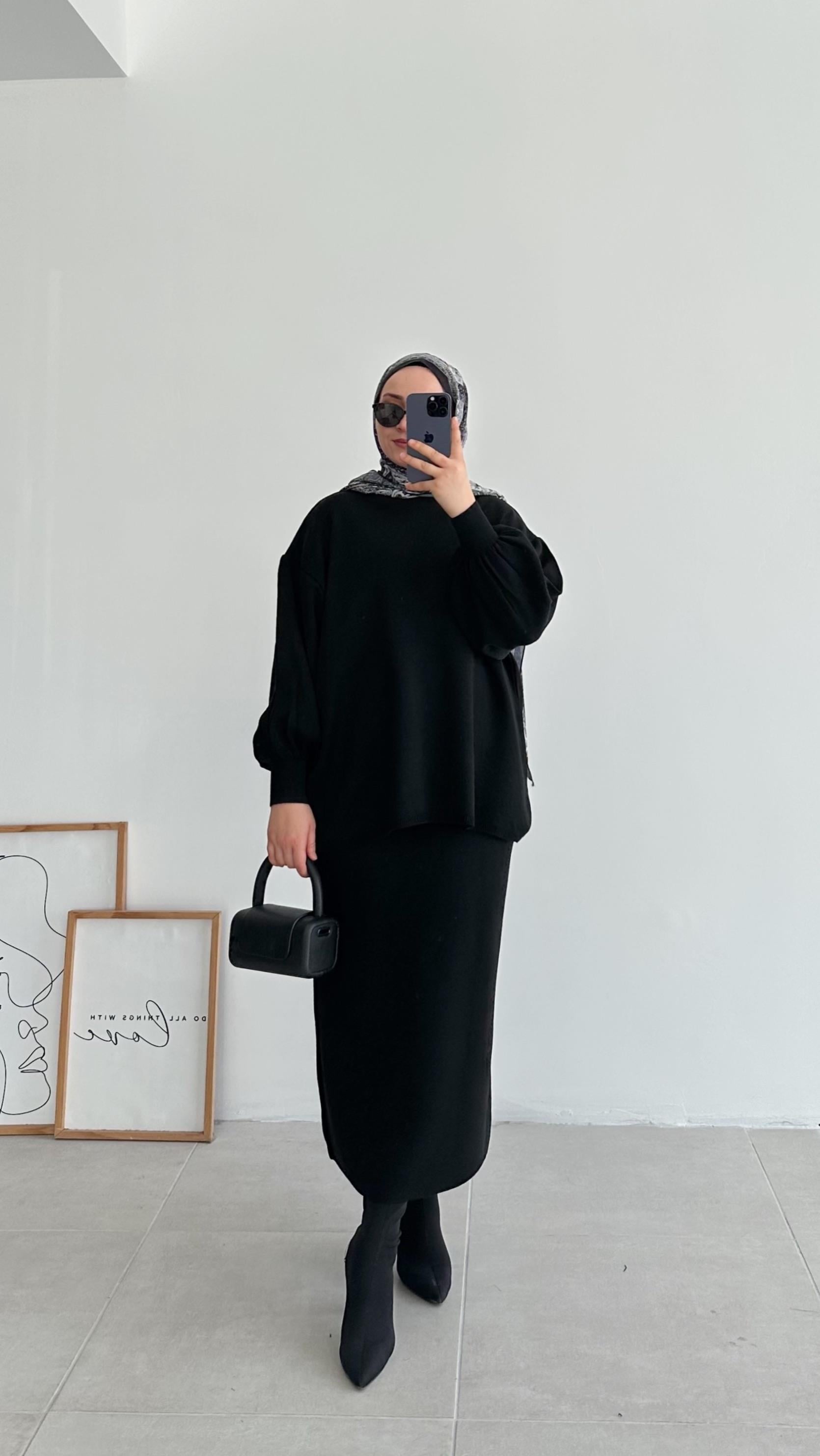 Knit Oversize Siyah Etekli Triko Takım 