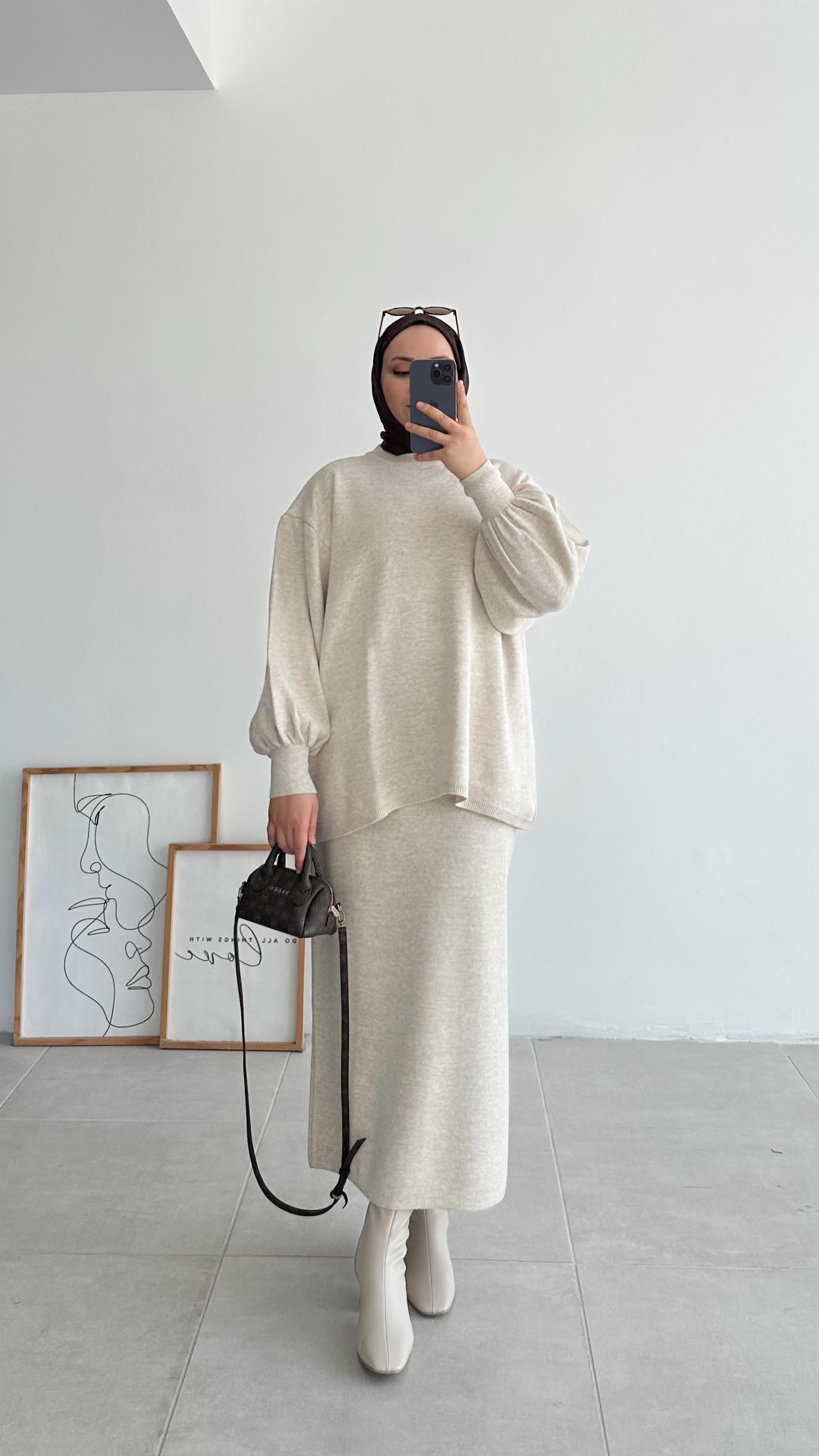 Knit Oversize Taş Etekli Triko Takım 