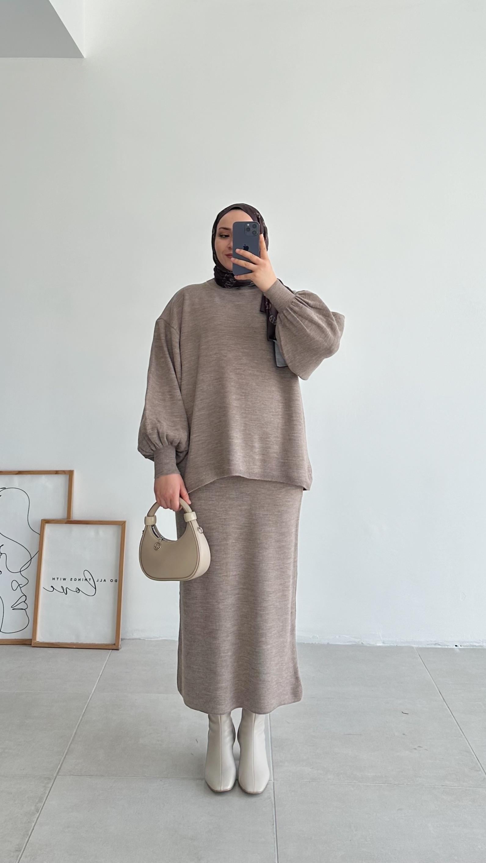 Knit Oversize Vizon Etekli Triko Takım 