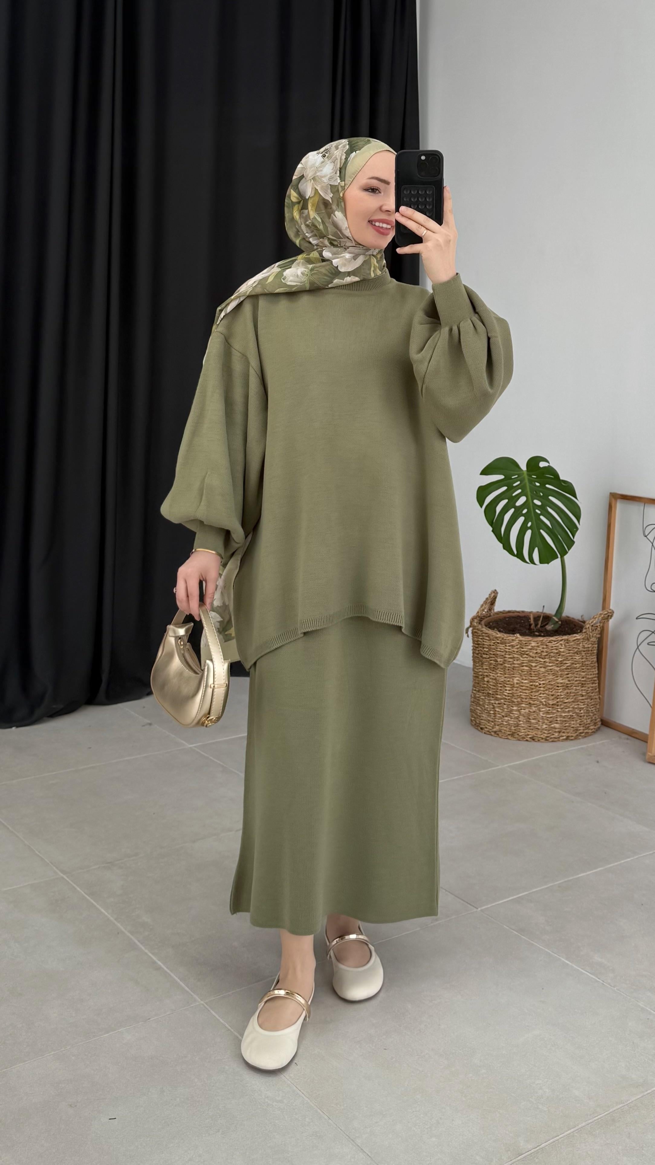 Knit Oversize Yeşil Etekli Triko Takım 