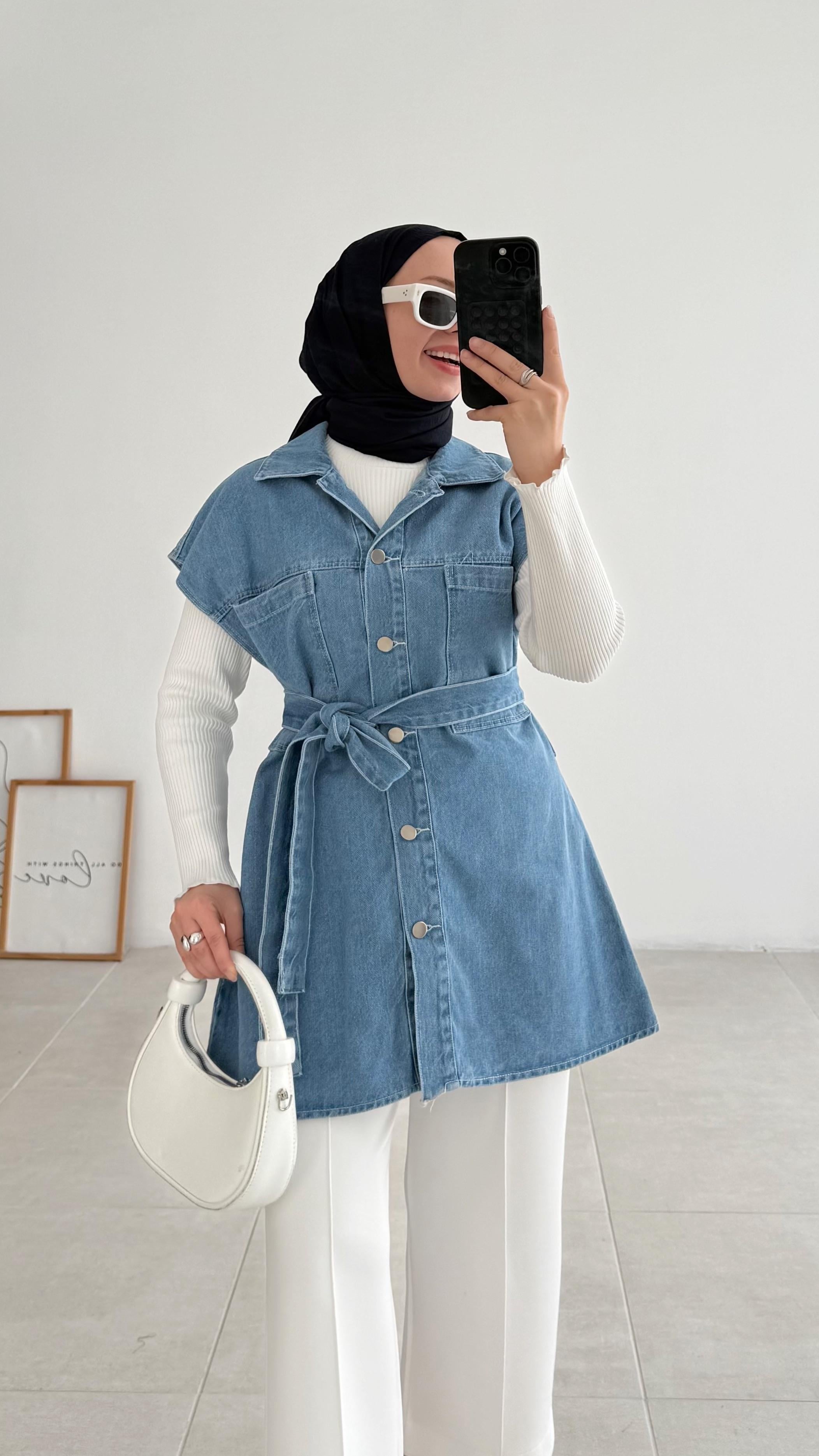 Kora Çift Cepli Açık Mavi Kot Yelek