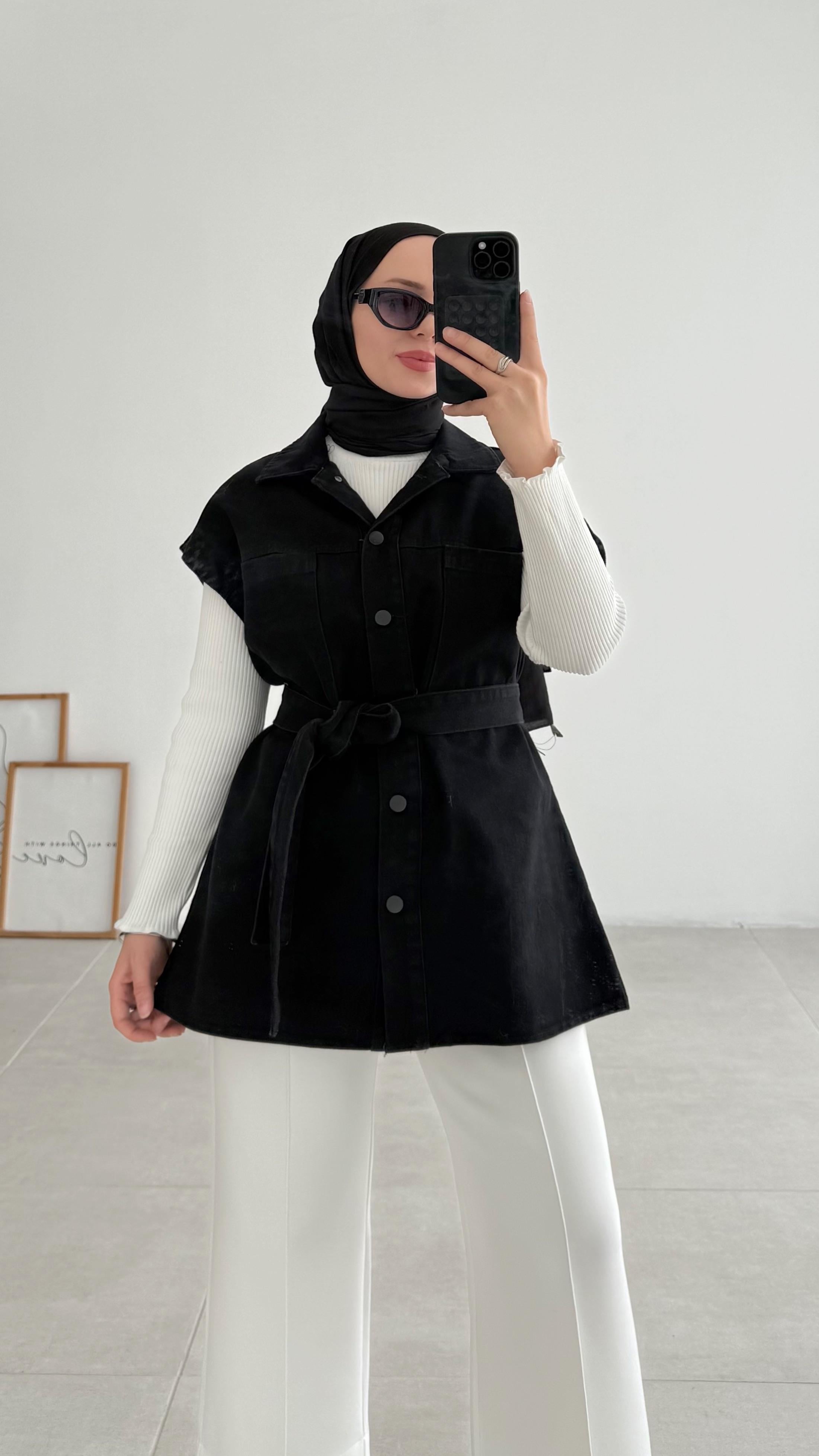 Kora Çift Cepli Siyah Kot Yelek