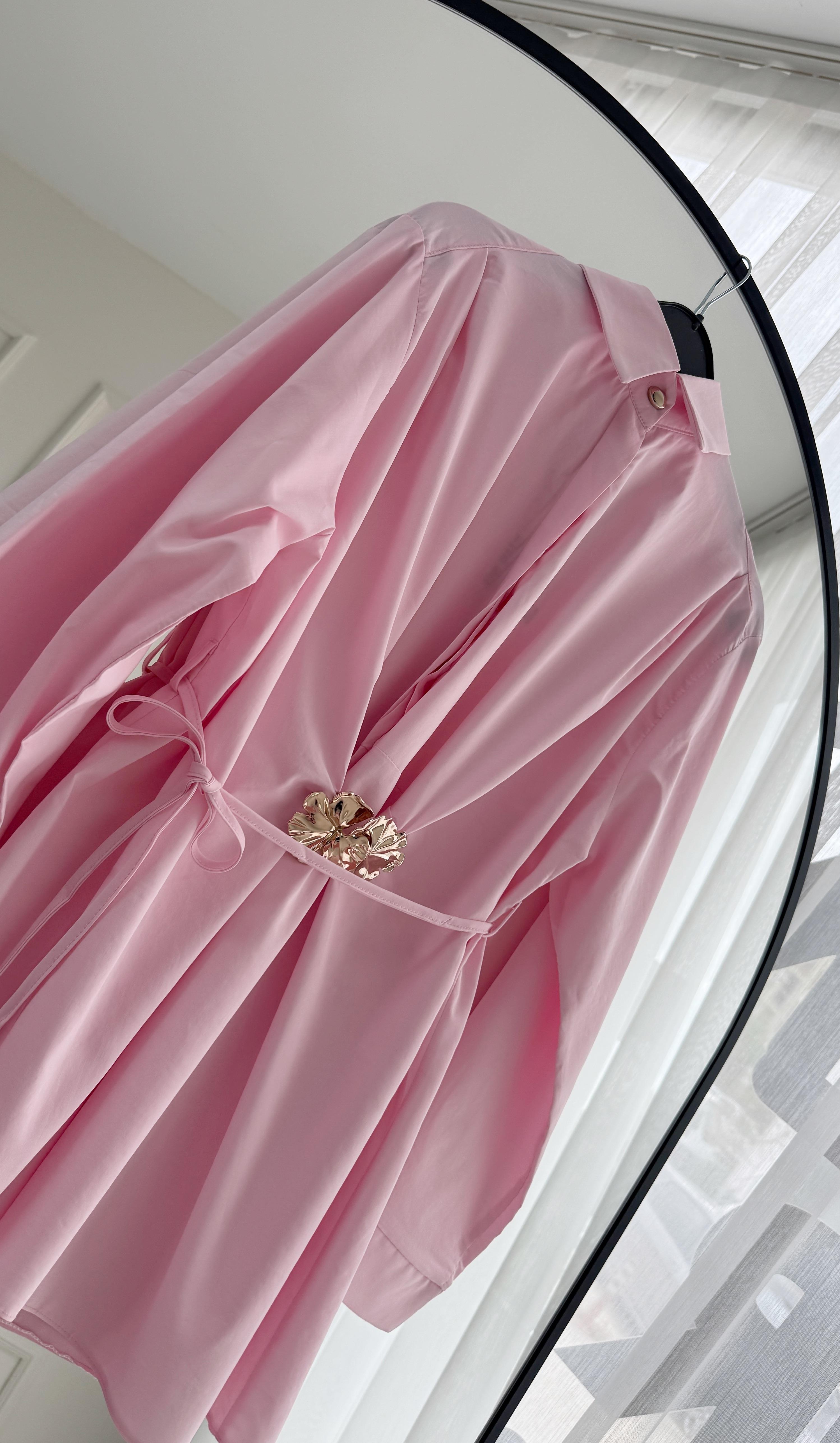 Ladonna Gold Broş Detaylı Pembe Tasarım Gömlek