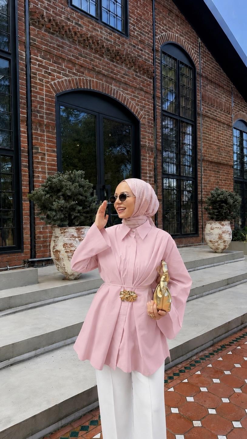 Ladonna Gold Broş Detaylı Pembe Tasarım Gömlek