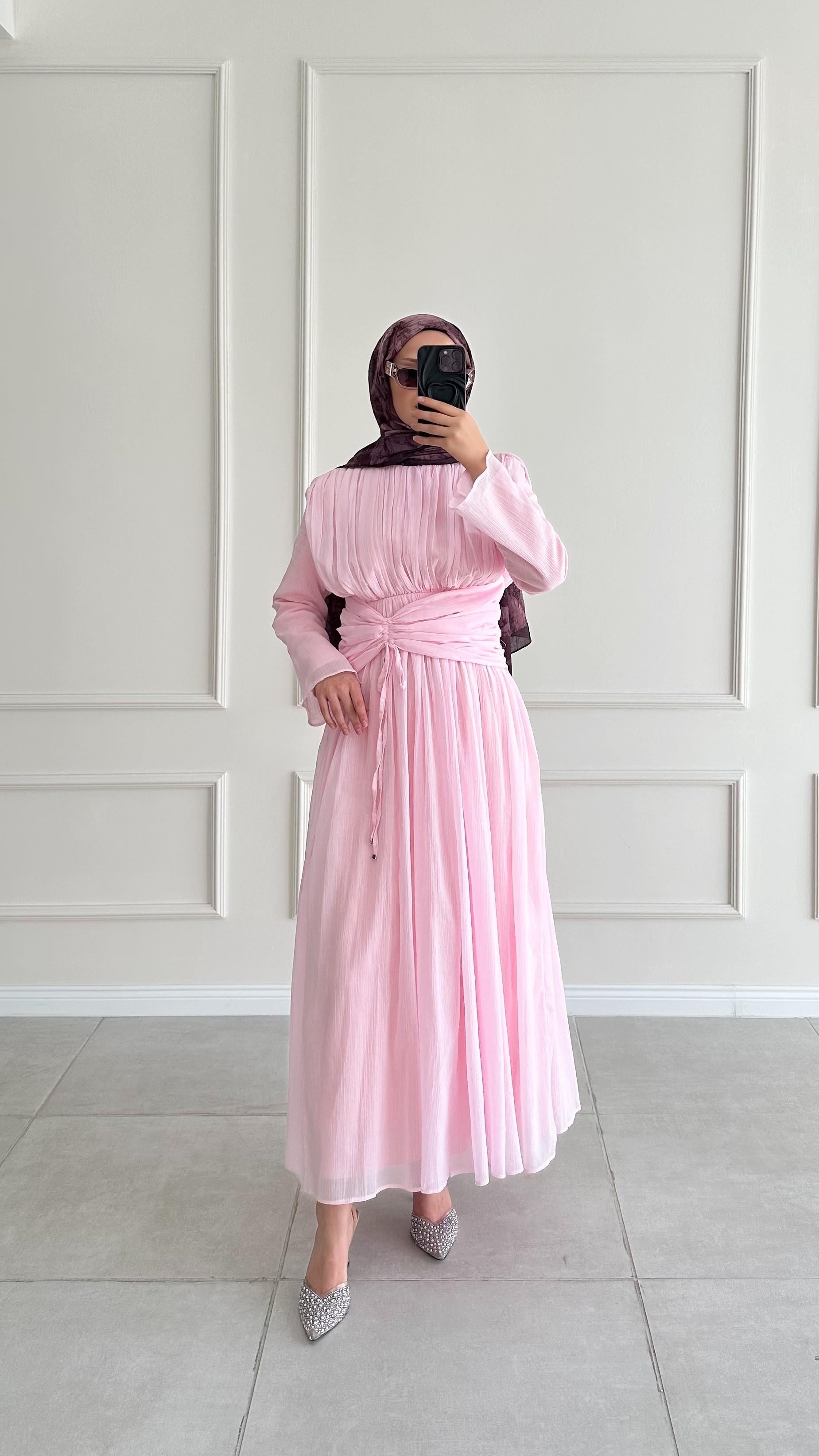 Lares Bel Kuşaklı Vual Pembe Elbise