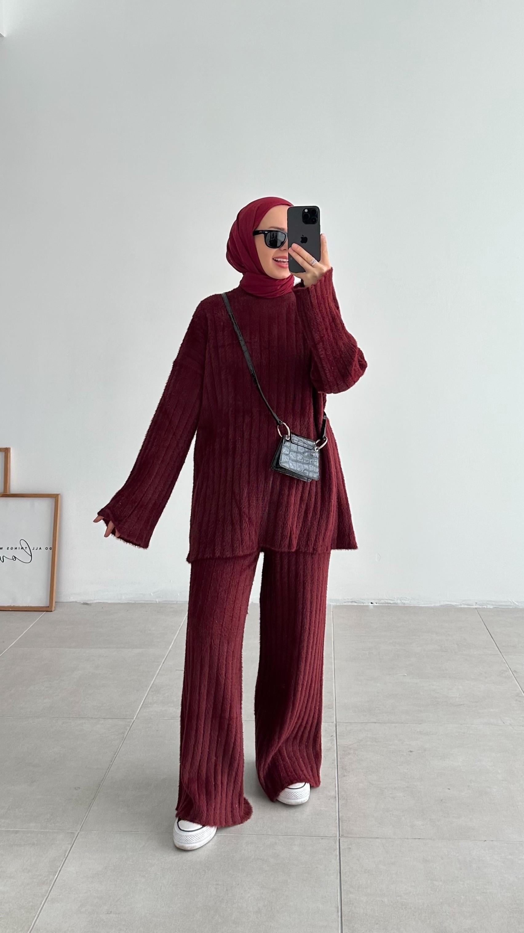 Latte Premıum Bordo Çizgi Angora Takım 