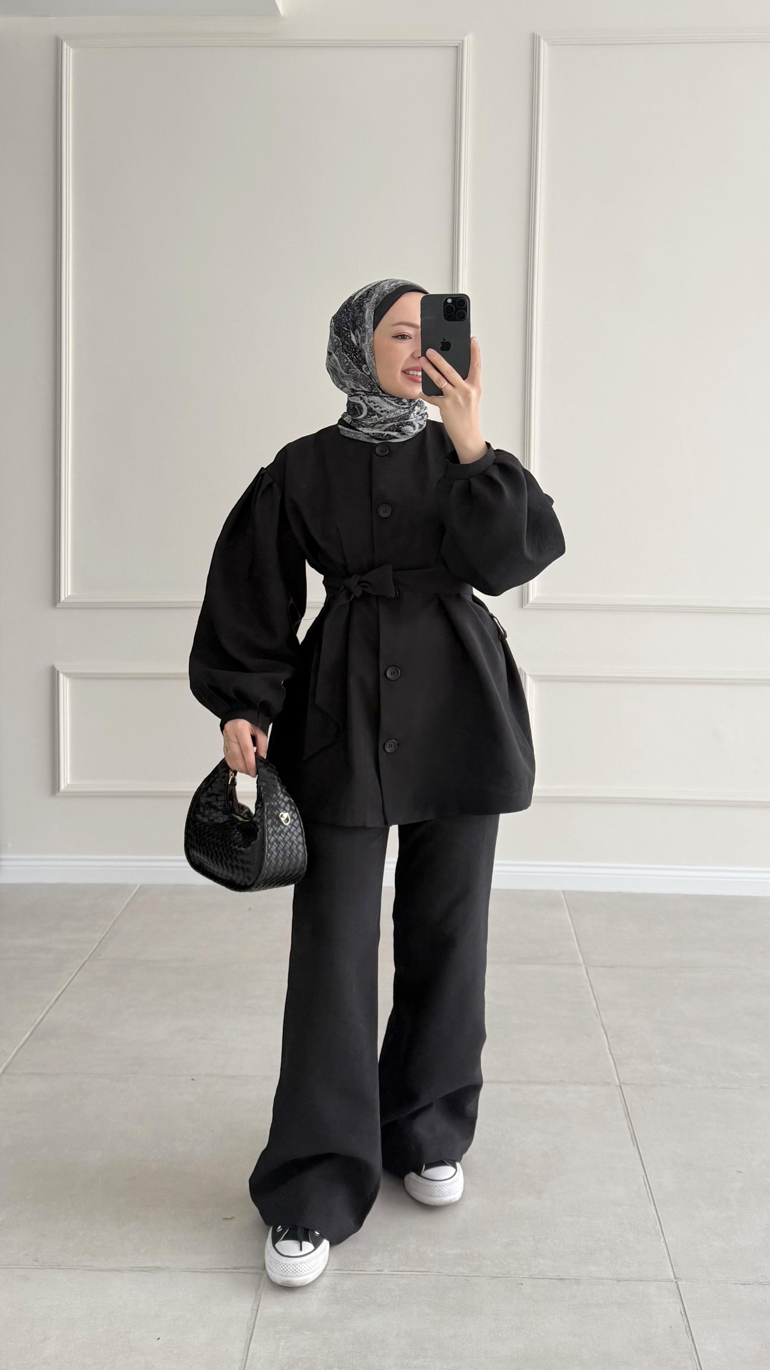 Lavend Siyah Gabardin Balon Kol Takım