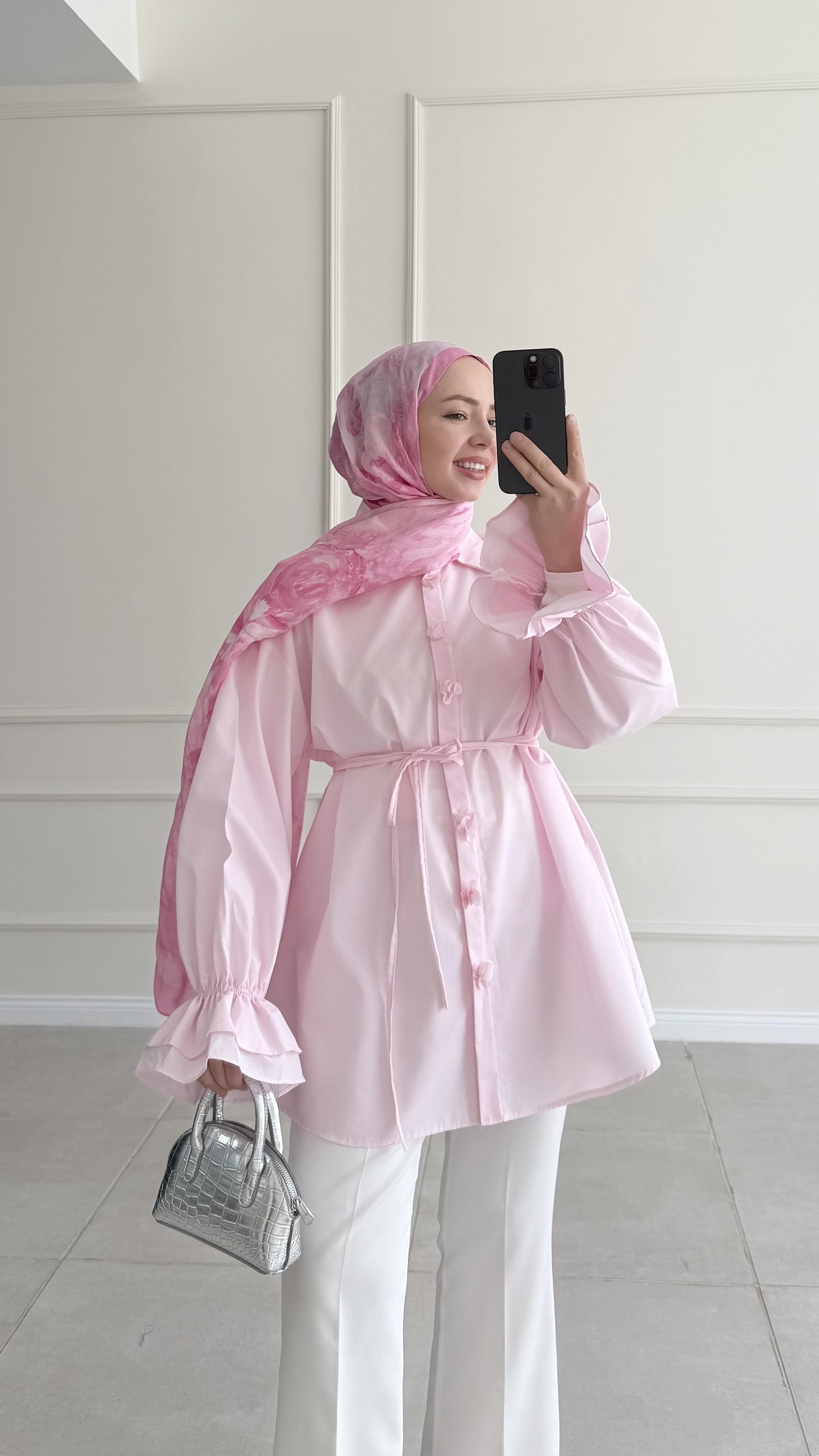 Lavin Kolları Fırfırlı Pembe Gömlek