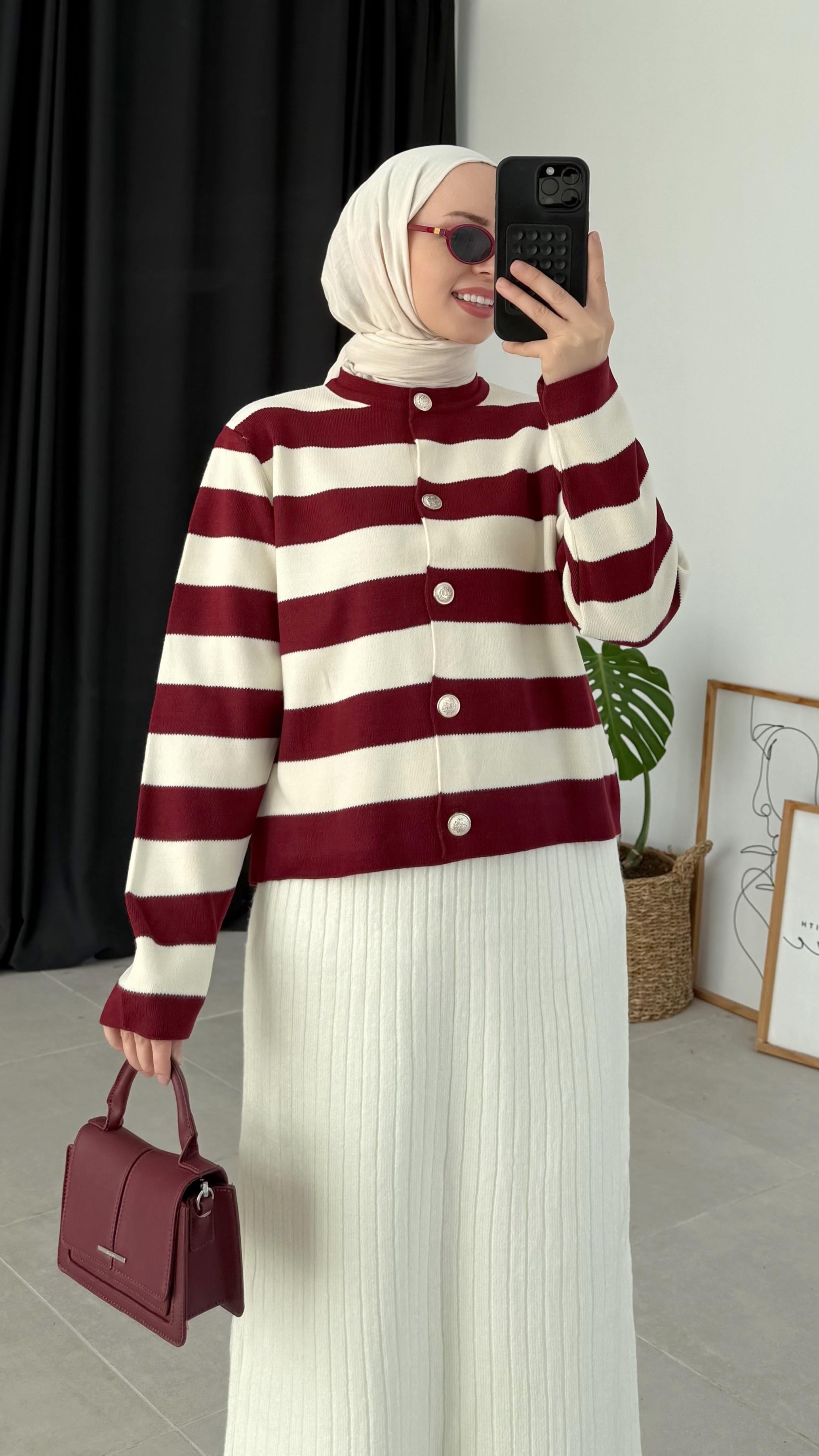 Leidy Bordo Zara Model Çizgili Kısa Triko Hırka (2796)