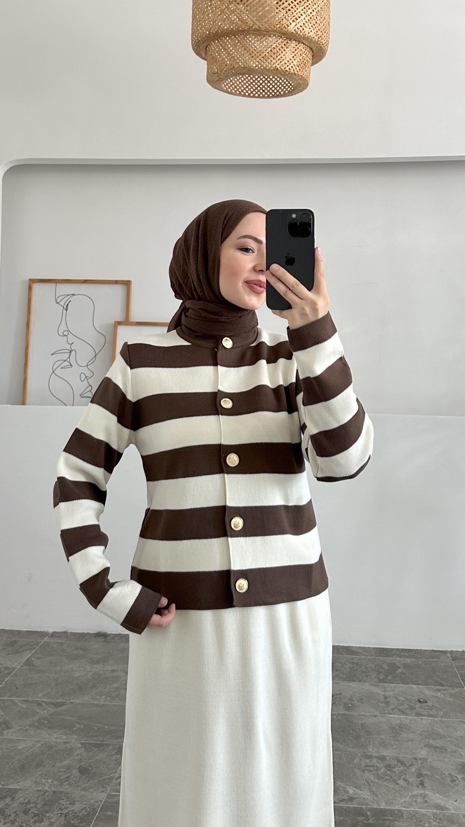 Leidy Kahverengi Zara Model Çizgili Kısa Triko Hırka