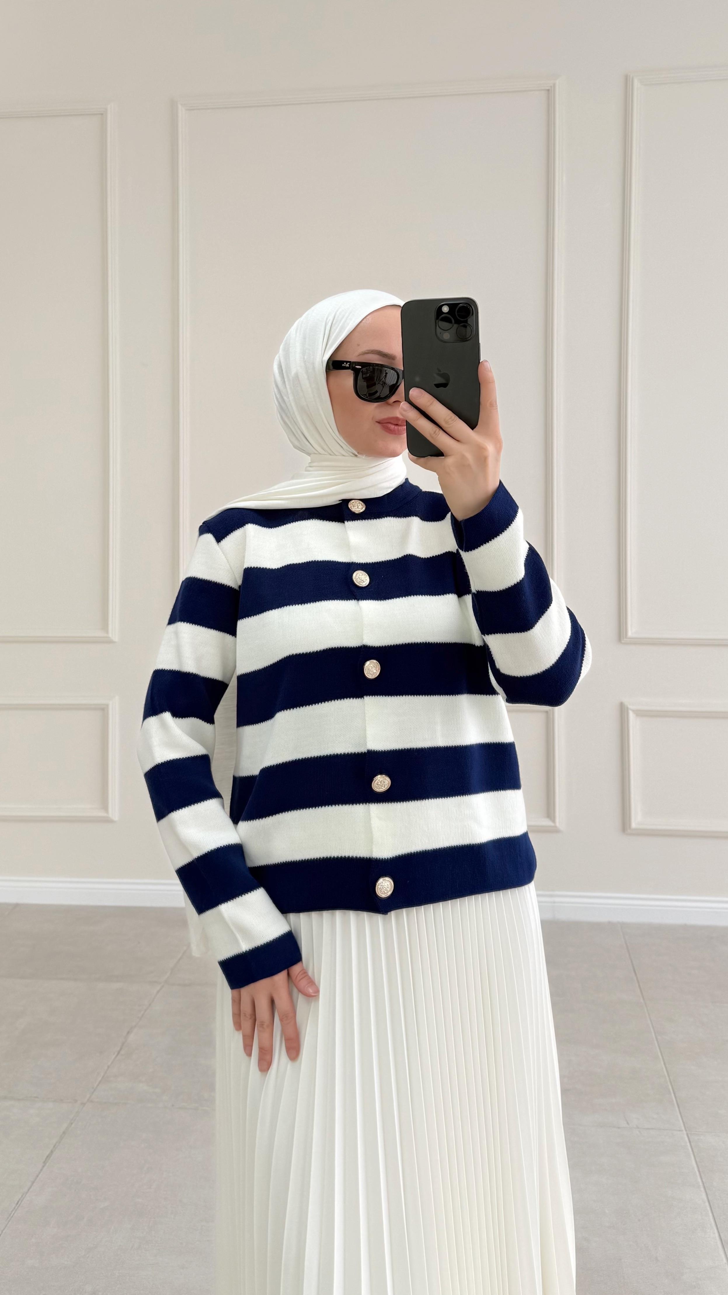 Leidy Mavi Zara Model Çizgili Kısa Triko Hırka (2796)