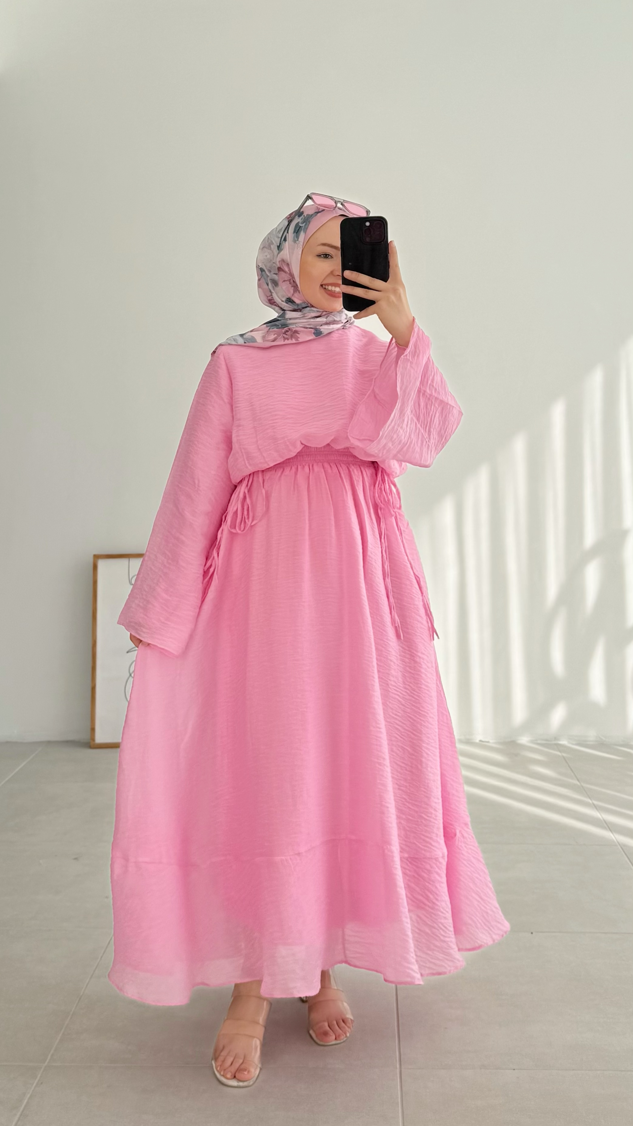 Lenora Beli Lastikli Pembe Elbise