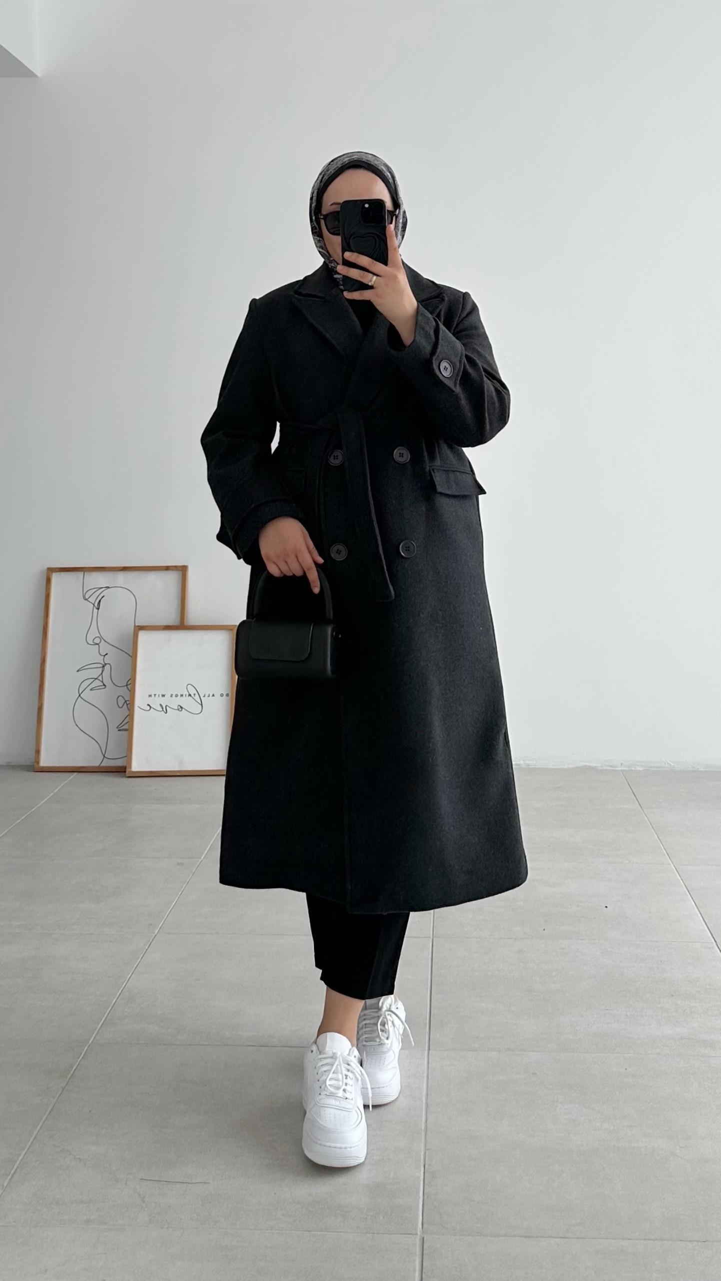 Lilina Geniş Manşet Kaşe Premıum Antrasit Kaban 