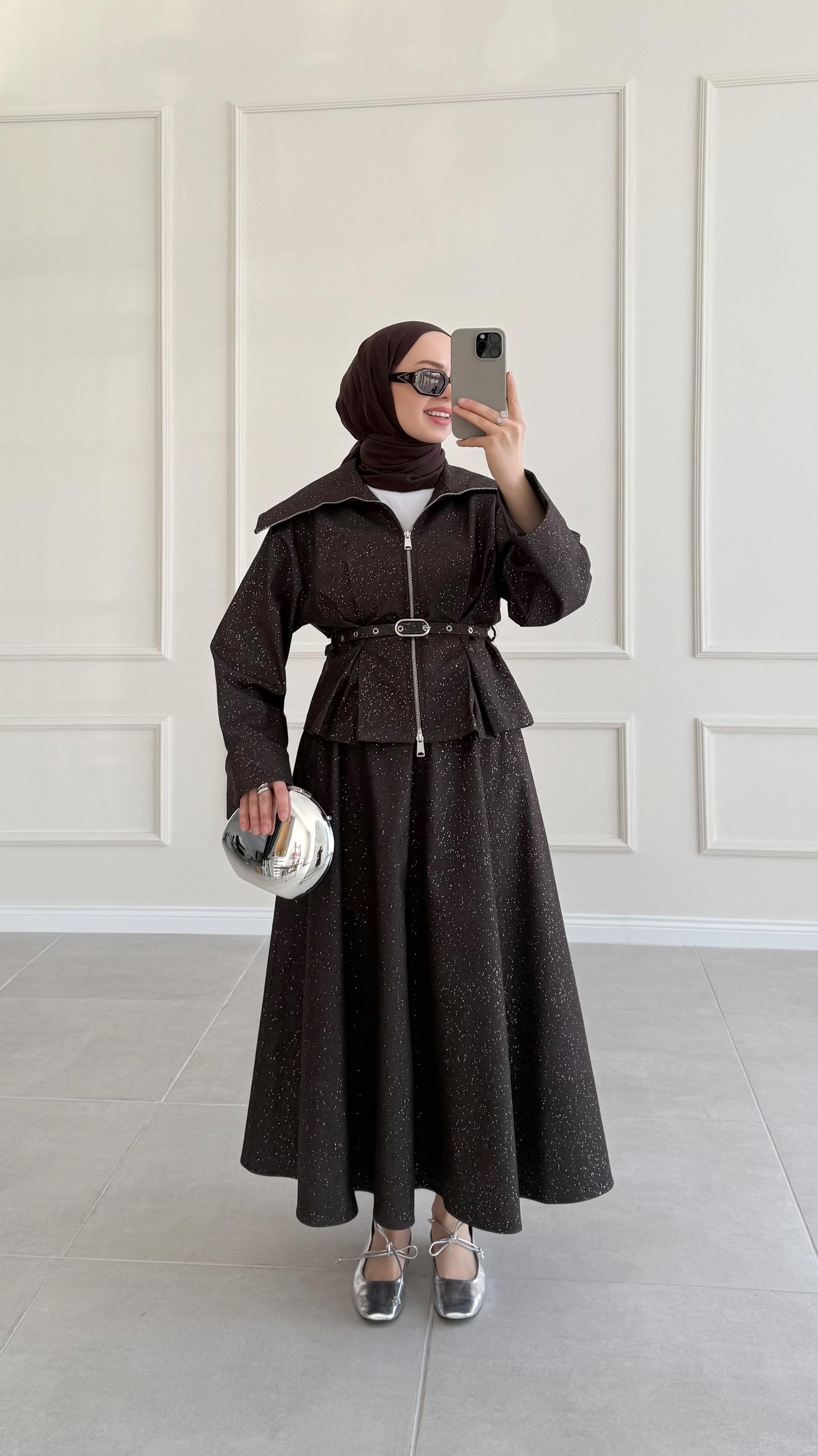 Lina Kahverengi Denim Simli Etek Takım