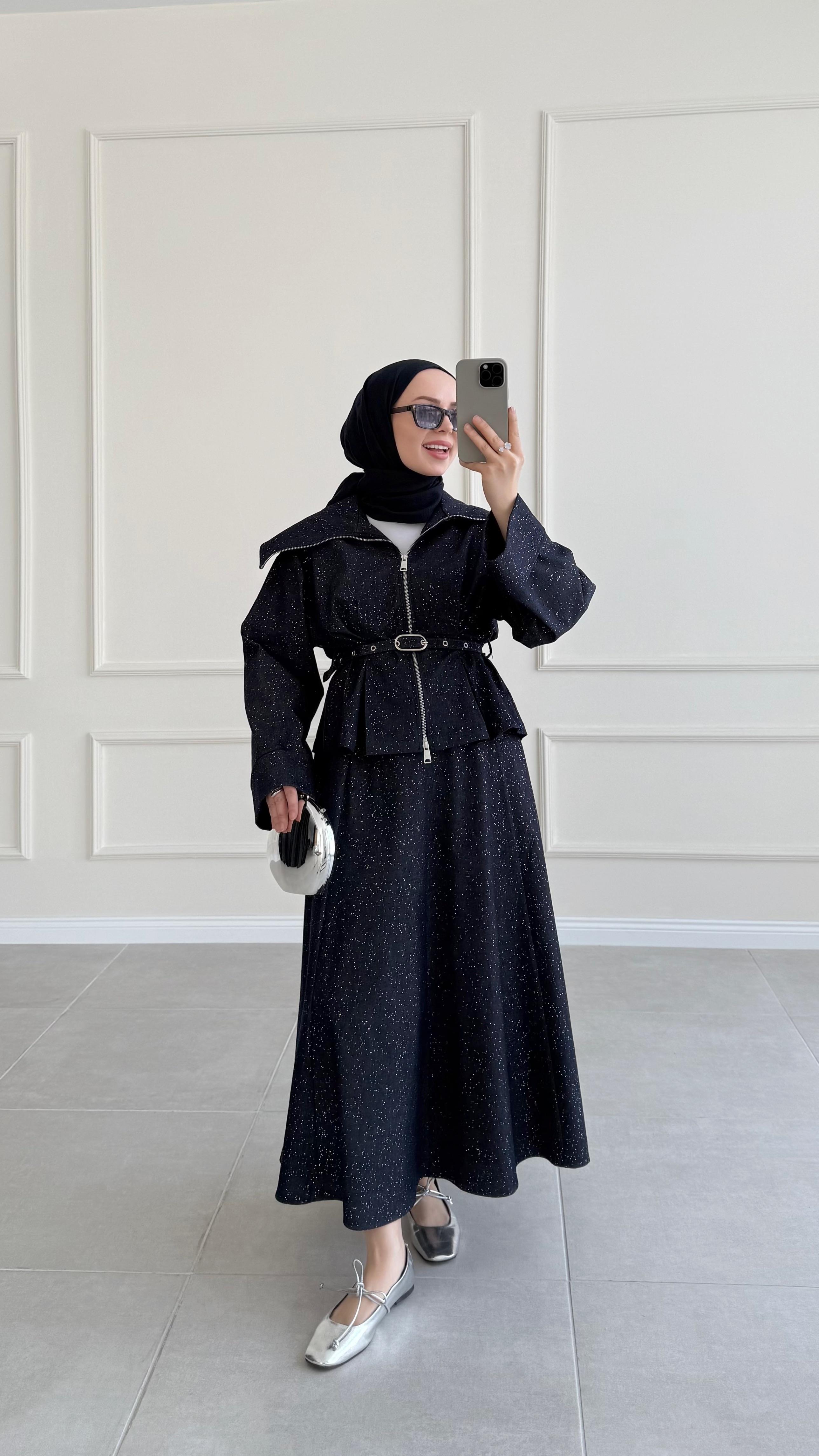 Lina Lacivert Denim Simli Etek Takım