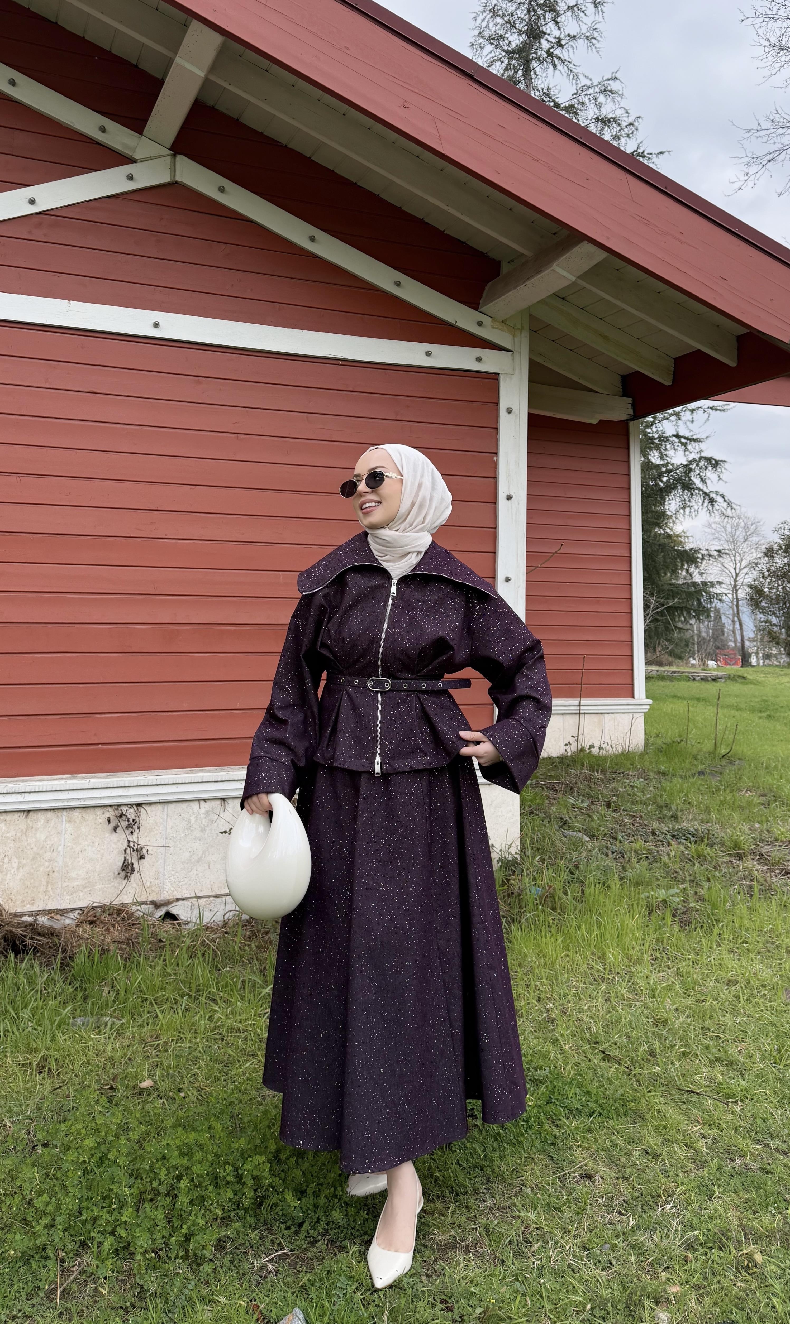 Lina Mürdüm Denim Simli Etek Takım