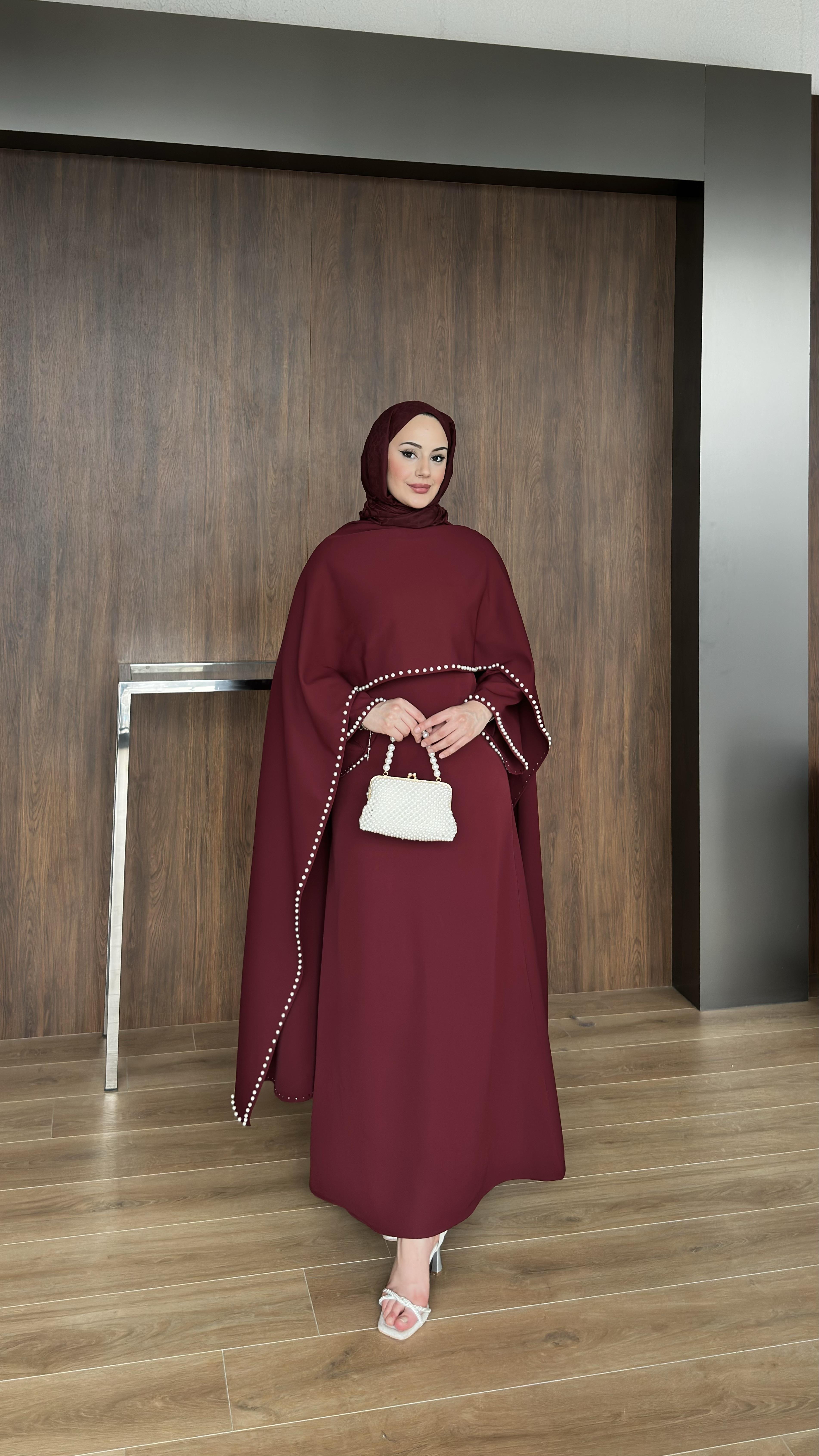 Linda İnci Detaylı Bordo Abiye