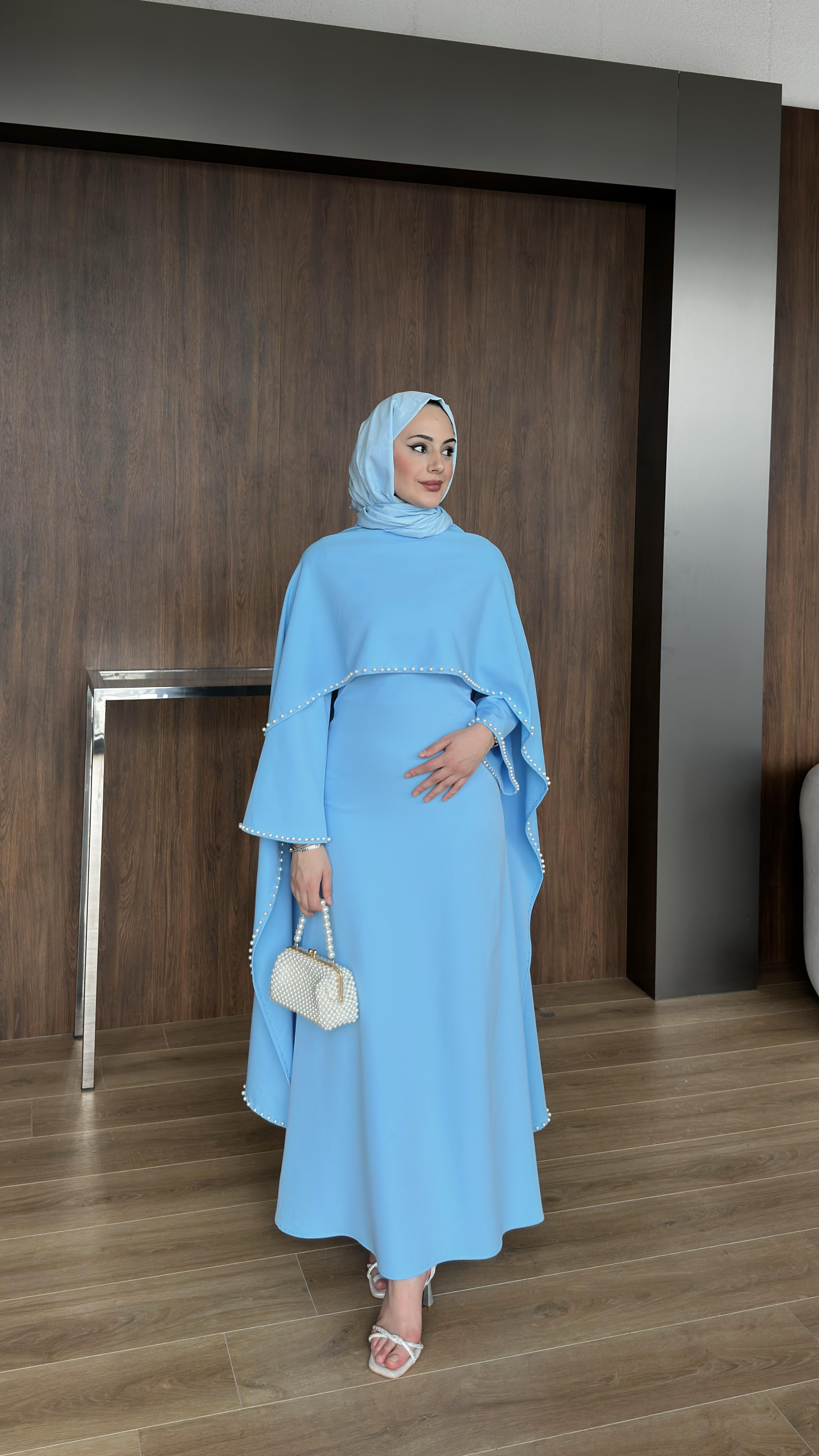 Linda İnci Detaylı Mavi Abiye