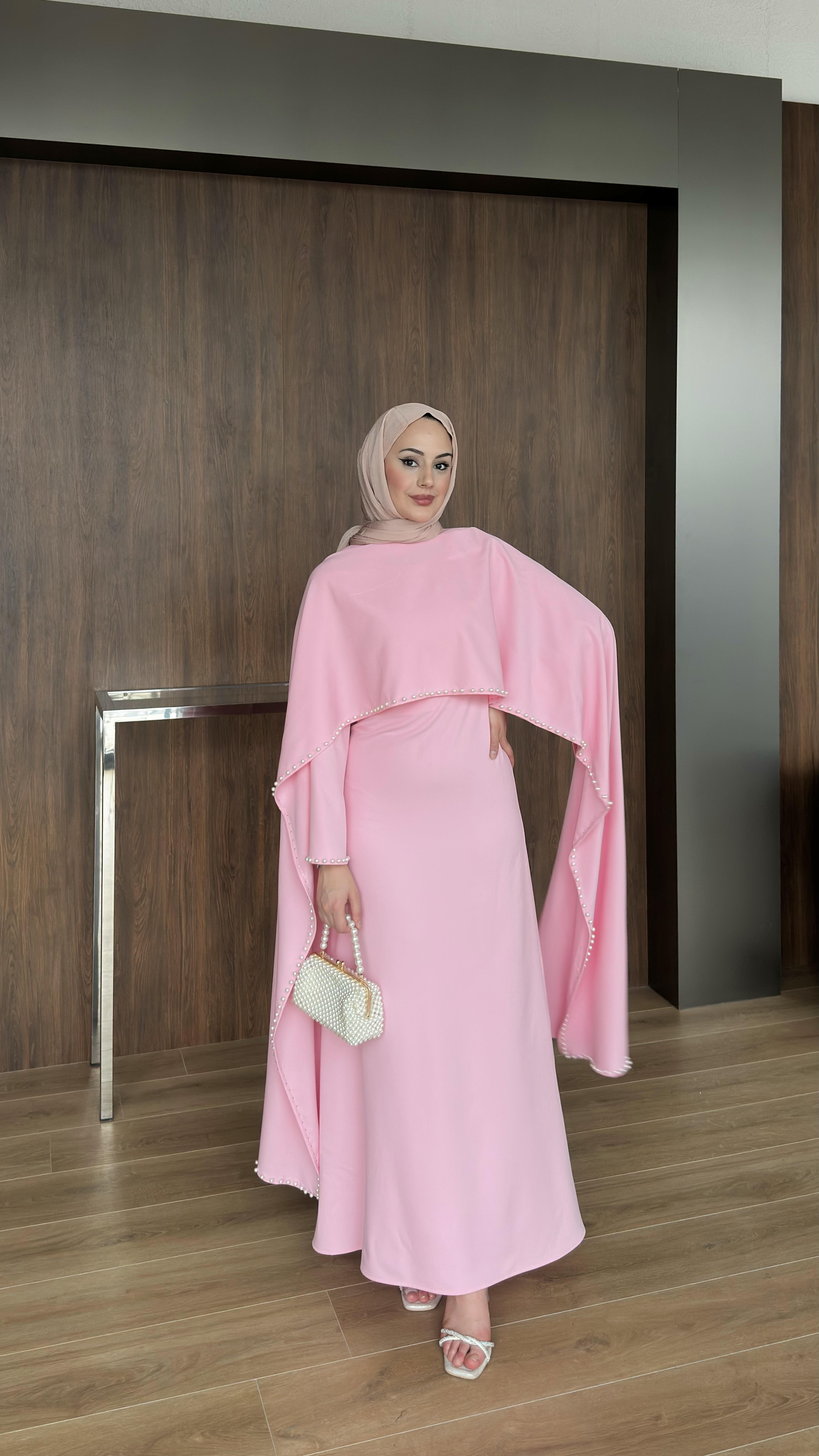 Linda İnci Detaylı Pembe Abiye
