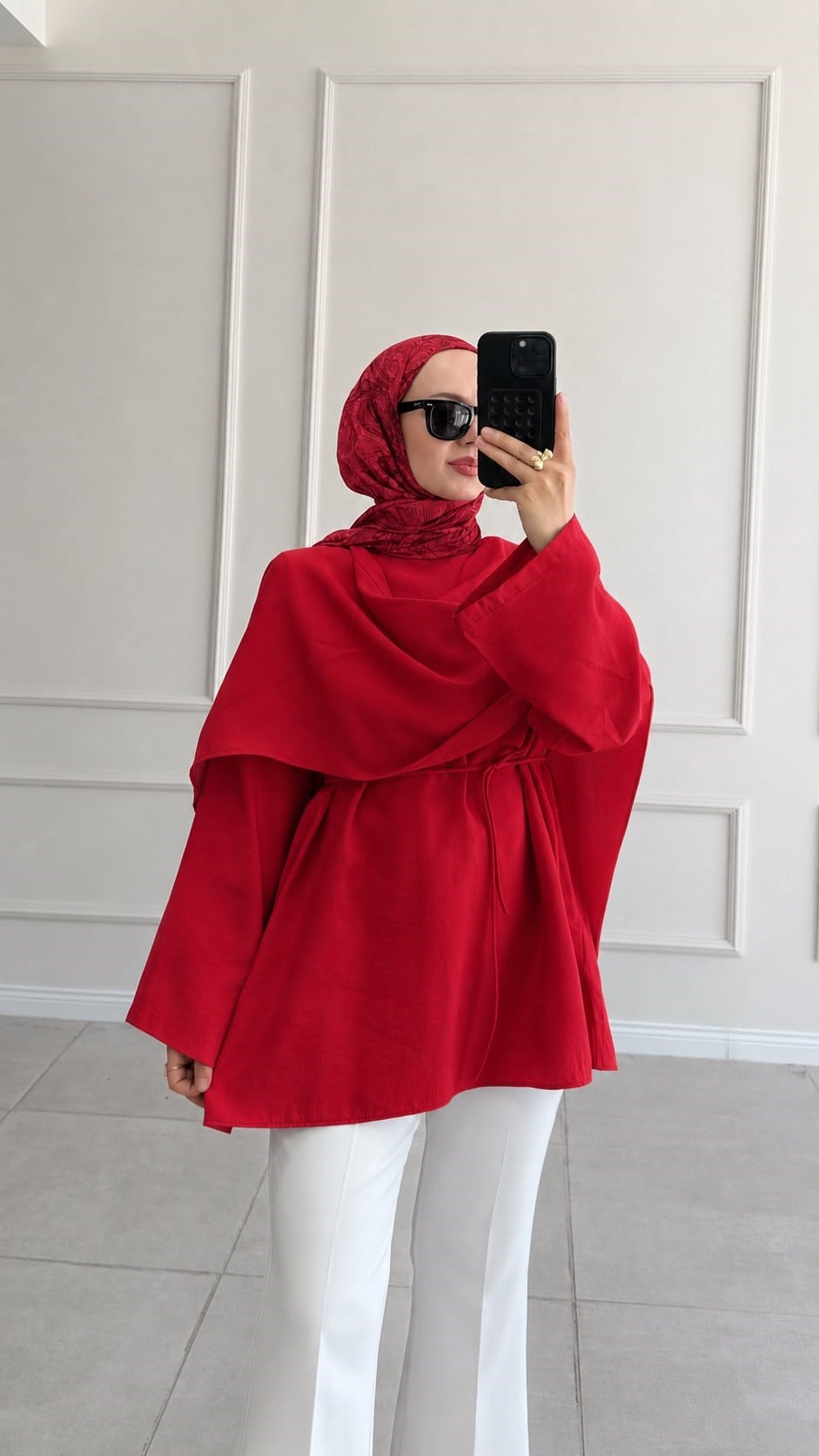 Lisa Pelerin Detaylı Tasarım Kırmızı Tunik