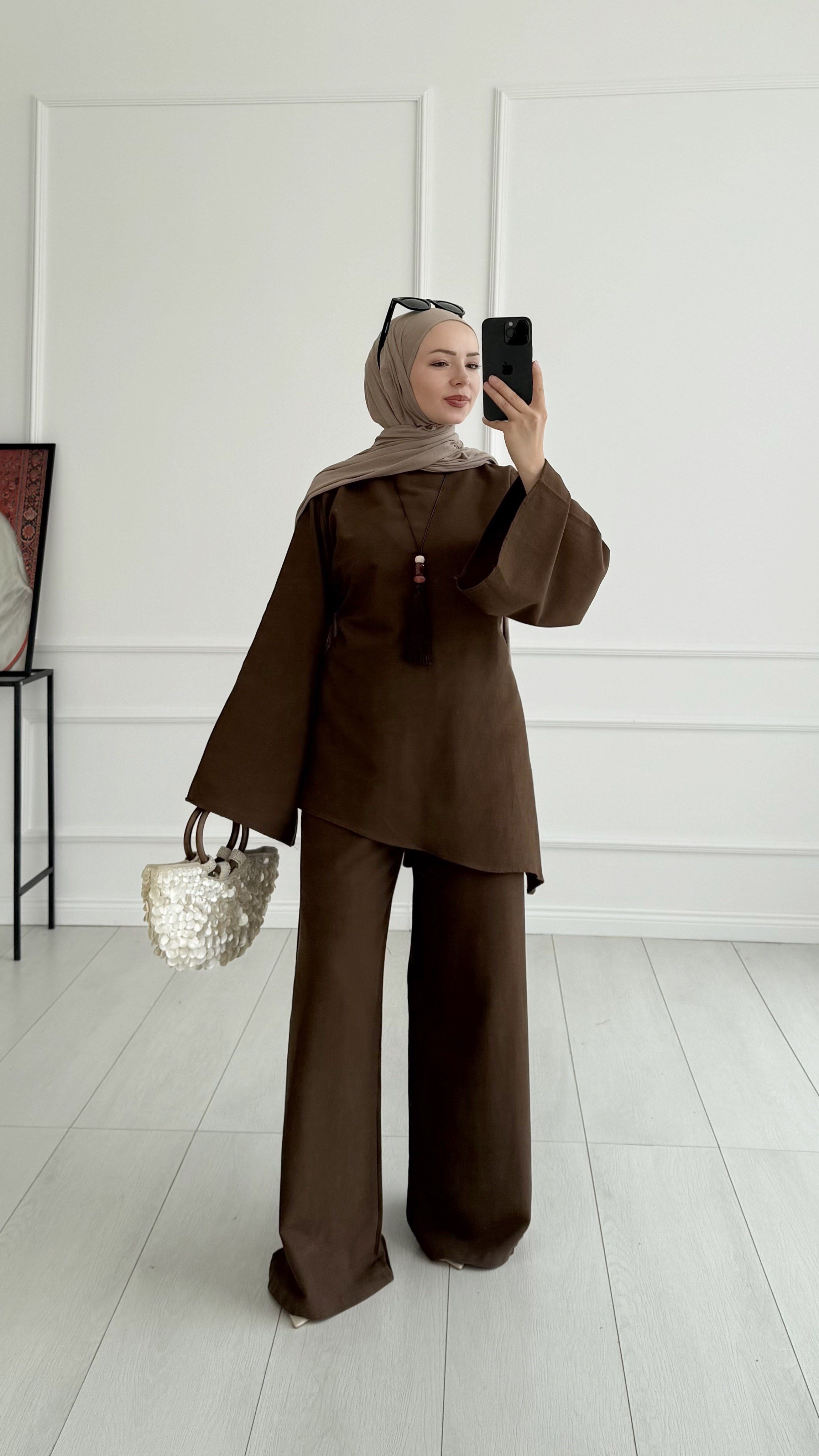 Loni Tasarım Model Keten Kahverengi Takım