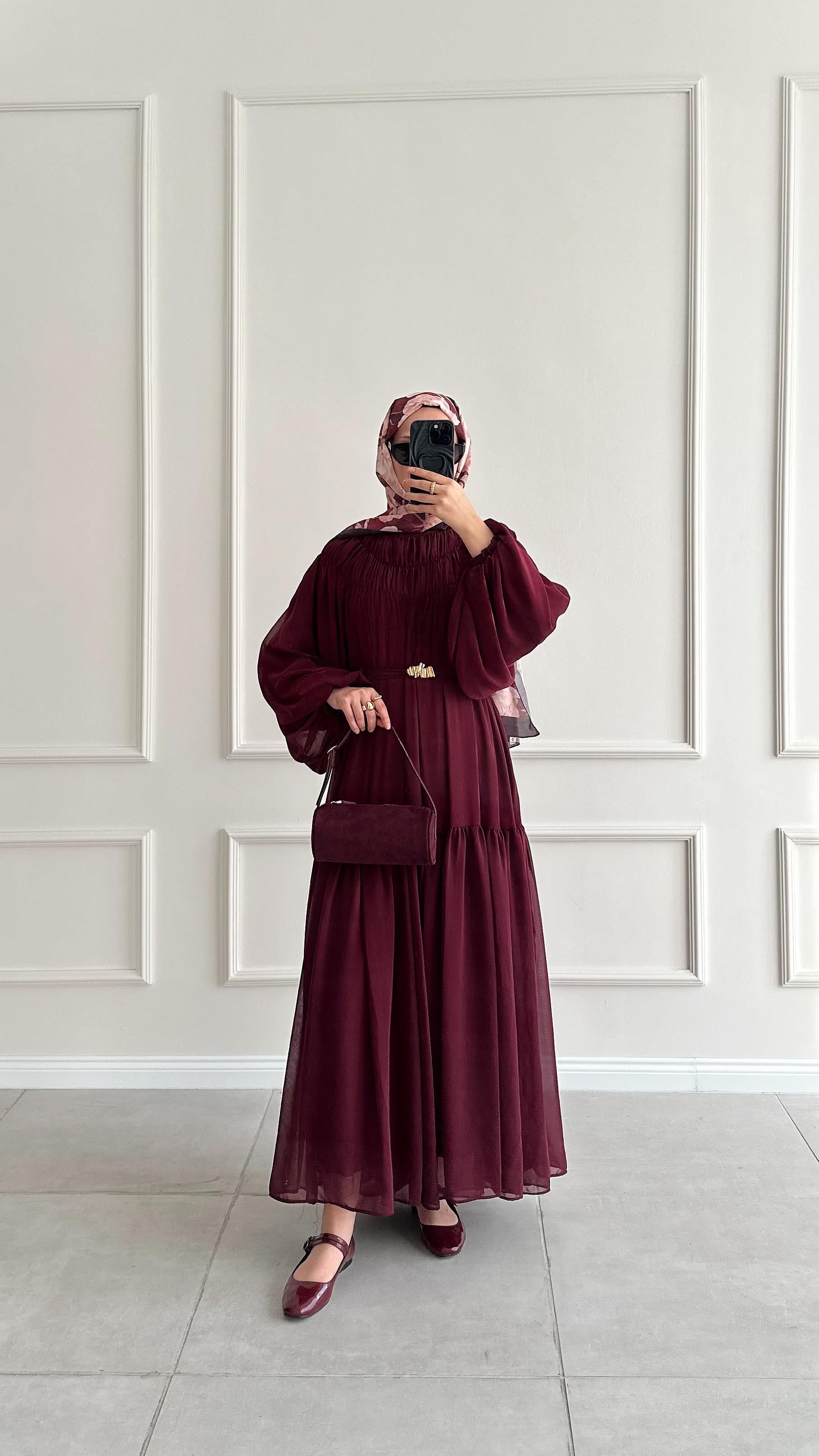 Louna Kat Kat Büzgü Detaylı Bordo Elbise 