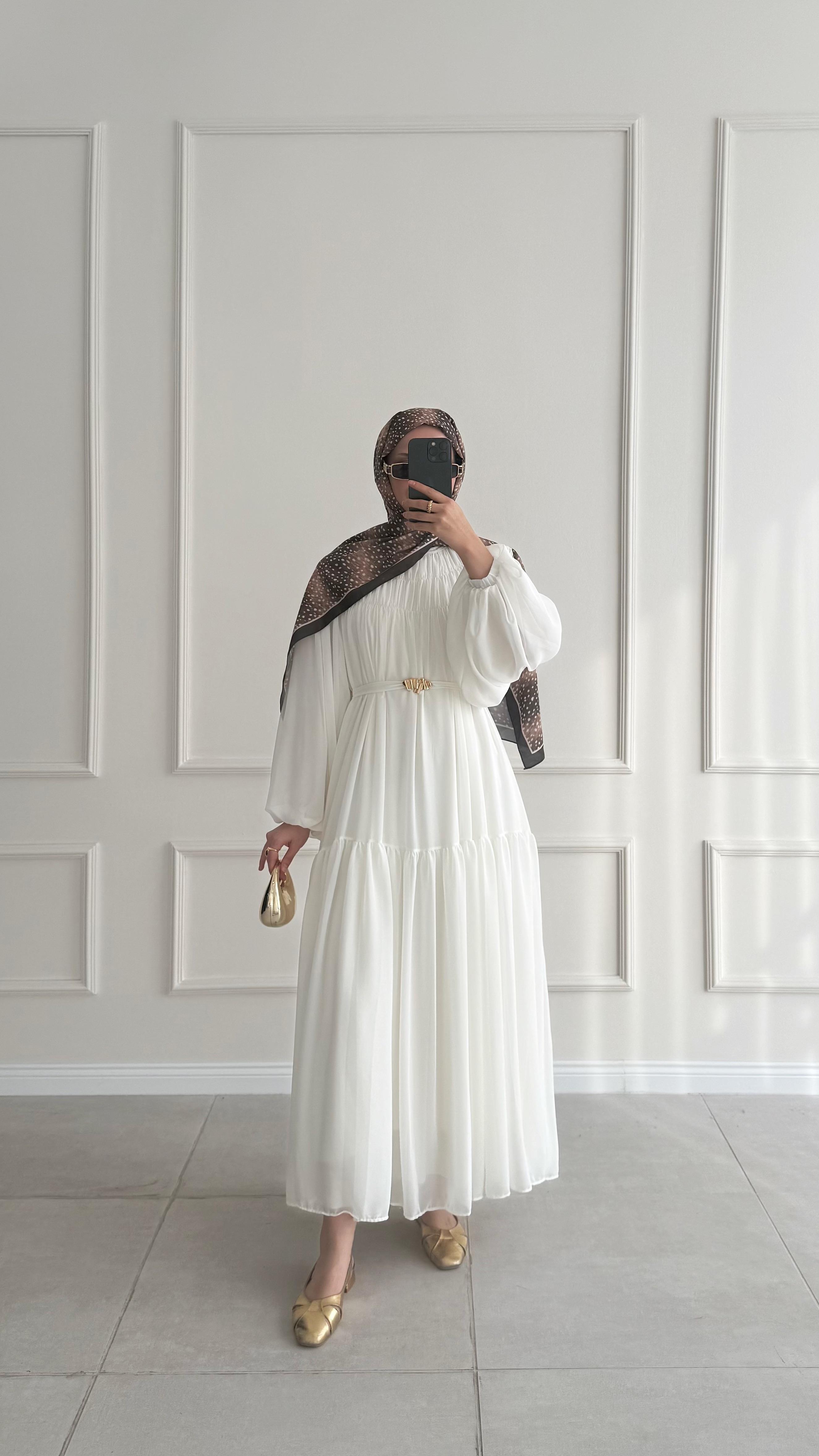 Louna Kat Kat Büzgü Detaylı Ekru Elbise 