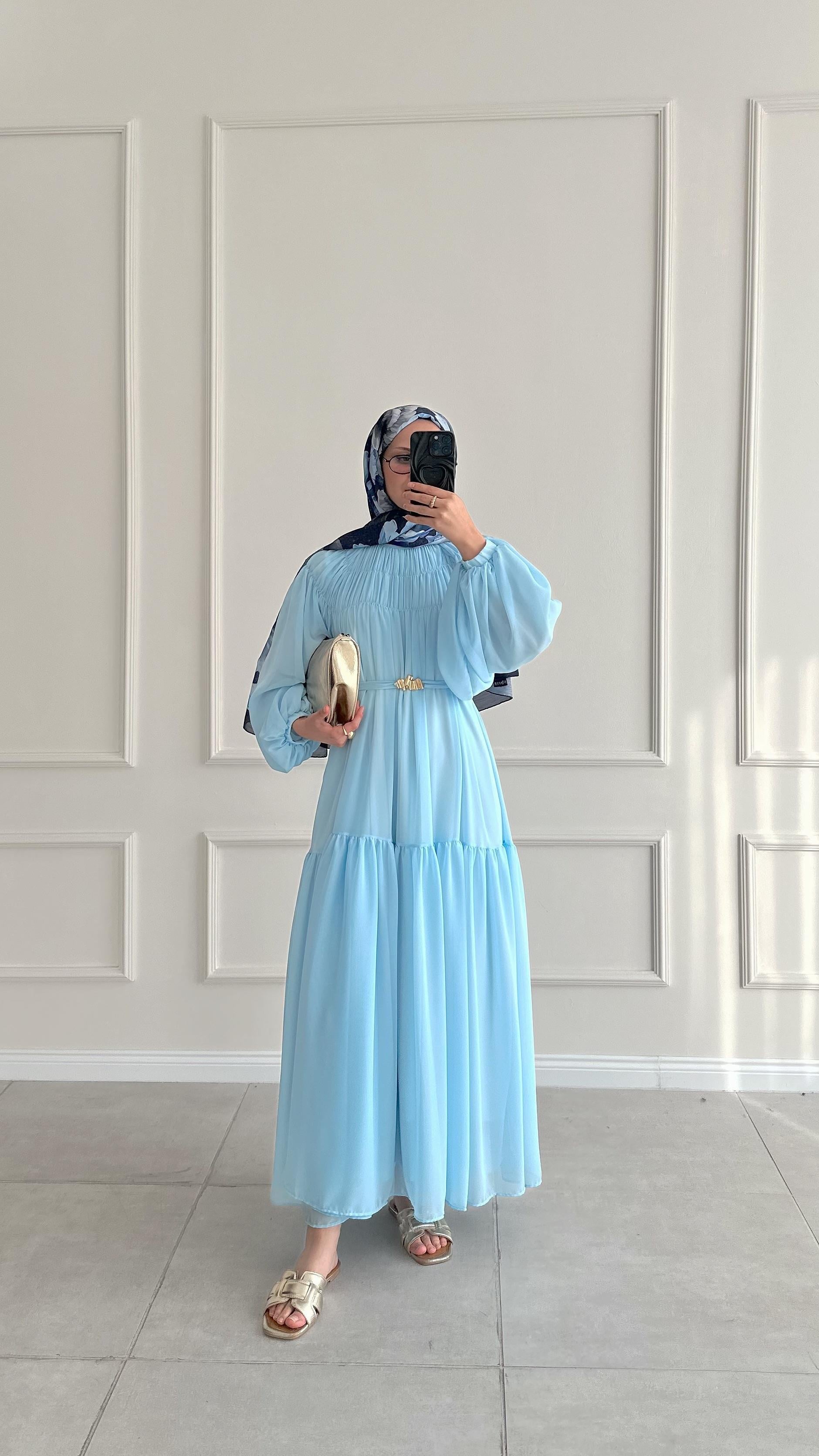 Louna Kat Kat Büzgü Detaylı Mavi Elbise 