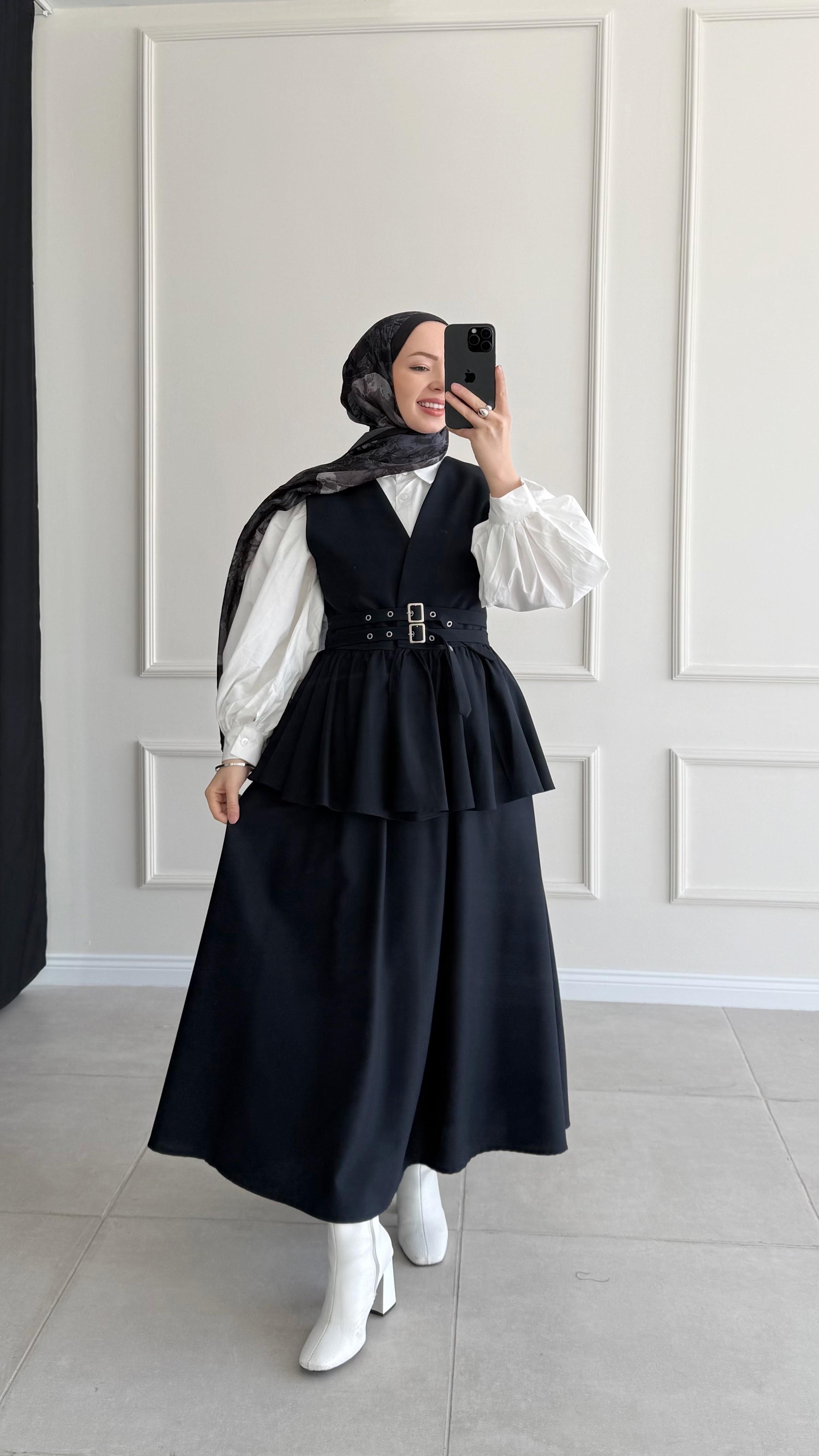 Markel Çift Kemerli Premium Lacivert Yelek Etek Takım