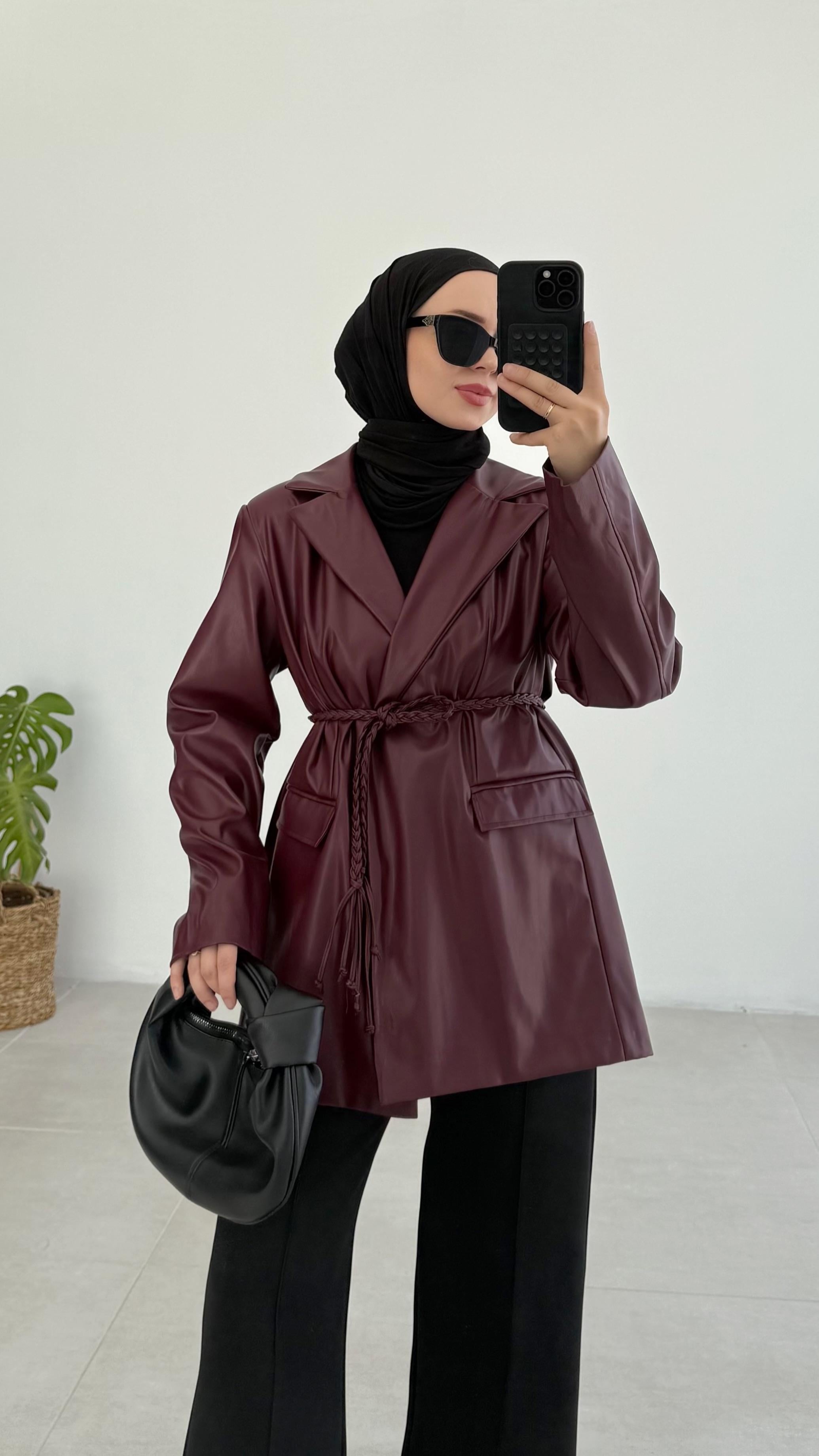 Massi Örgü Kemerli Premıum Bordo Deri Ceket