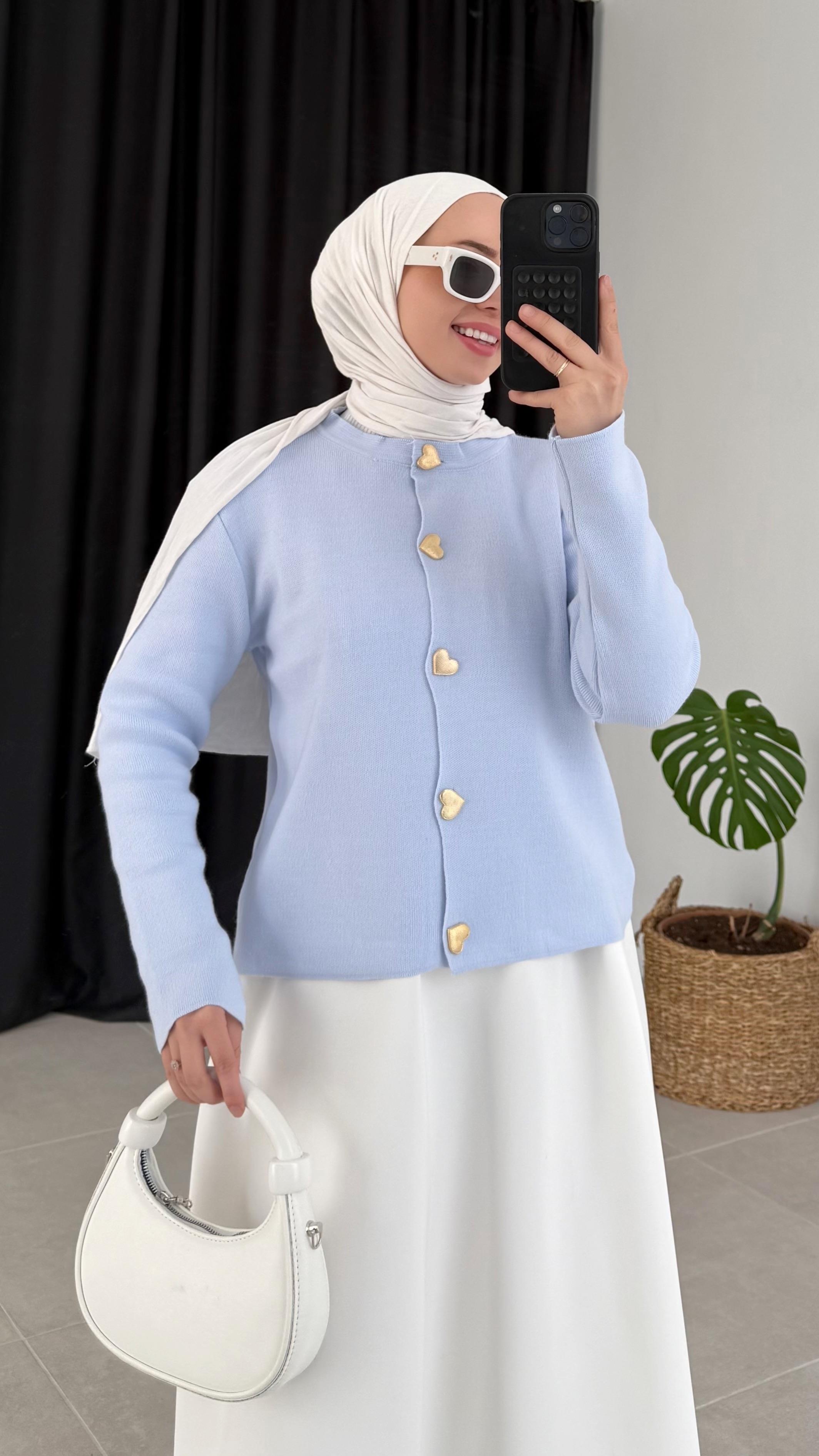 Mayra Kalp Düğme Mavi Triko Hırka