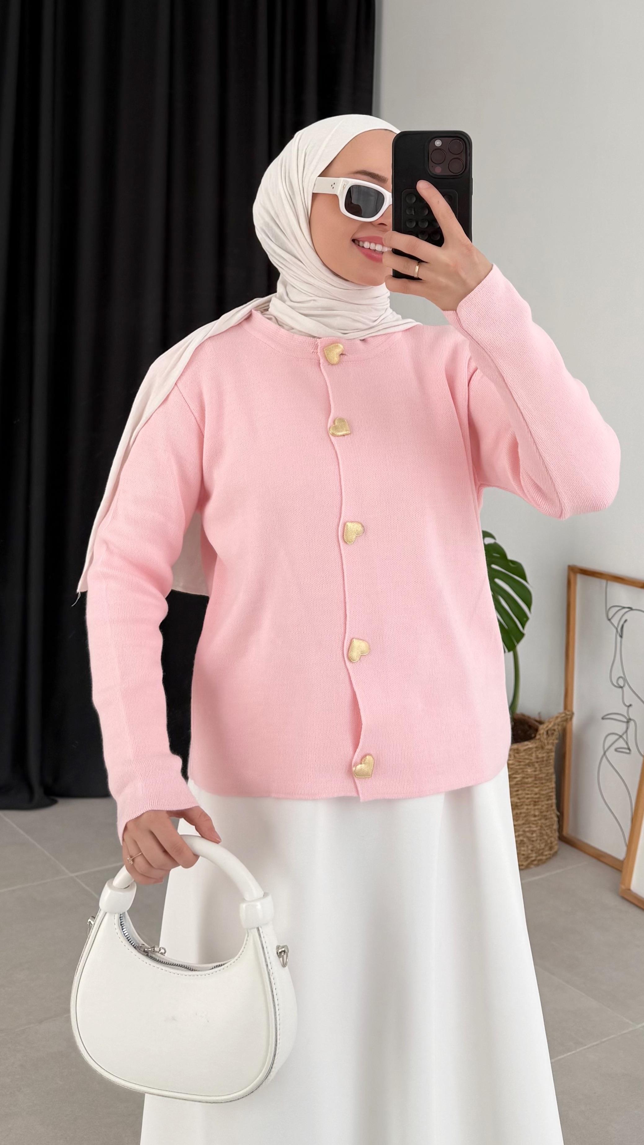 Mayra Kalp Düğme Pembe Triko Hırka