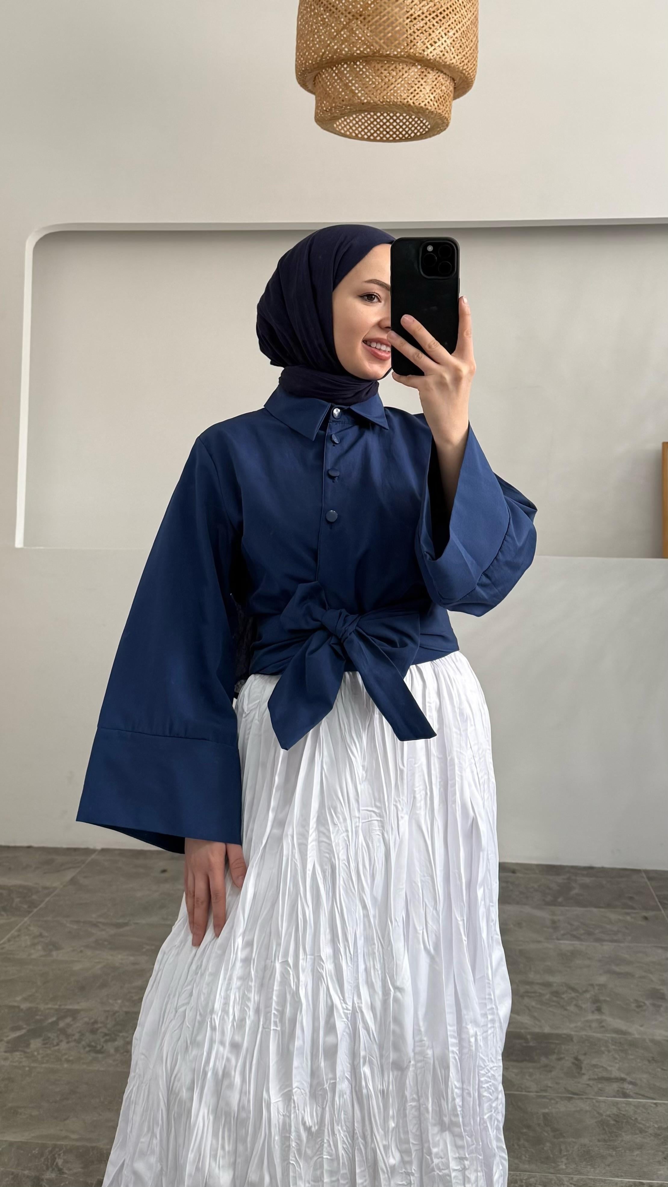 Melinda Bağlamalı Pinterest Model Lacivert Gömlek