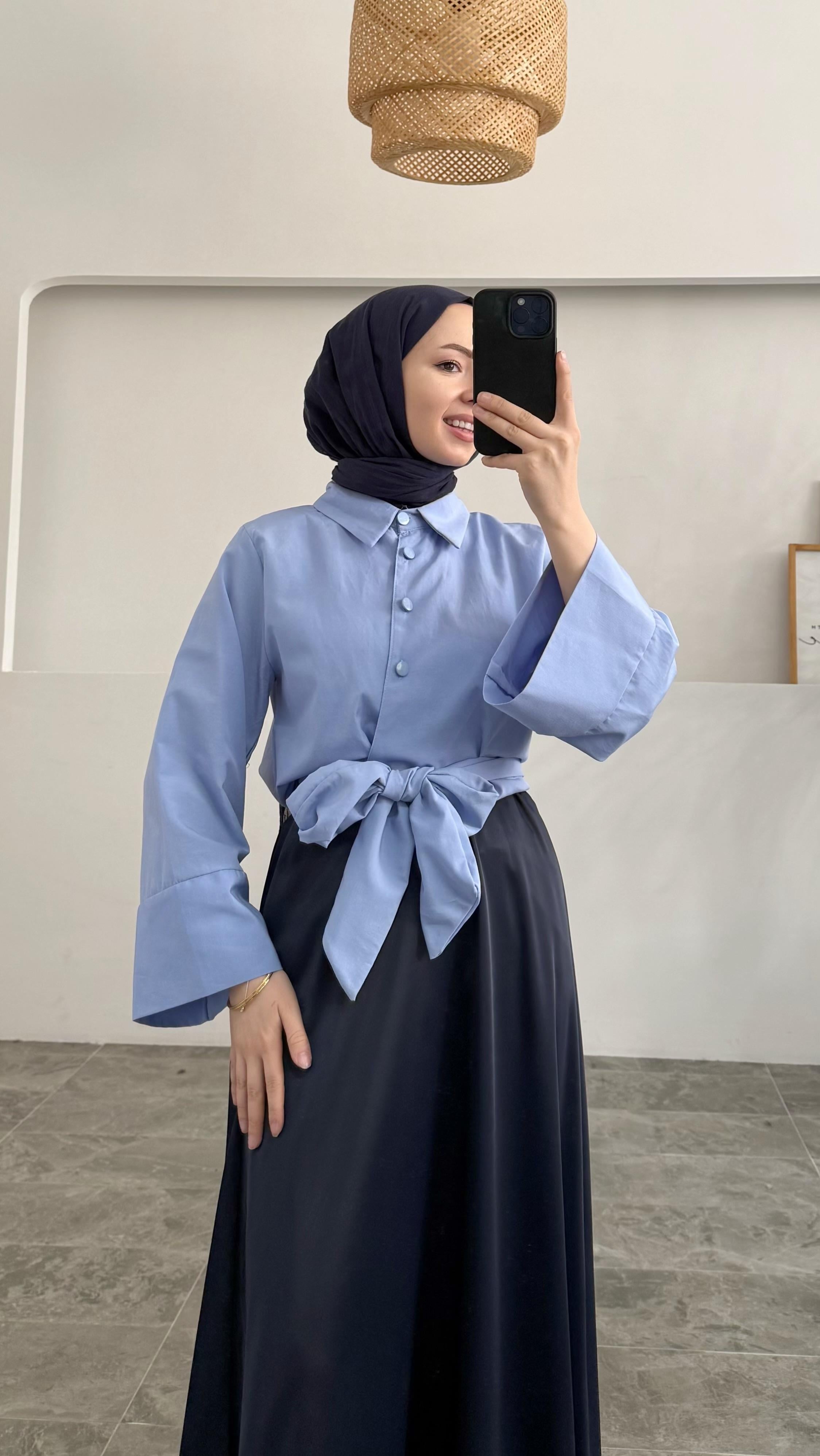 Melinda Bağlamalı Pinterest Model Mavi Gömlek