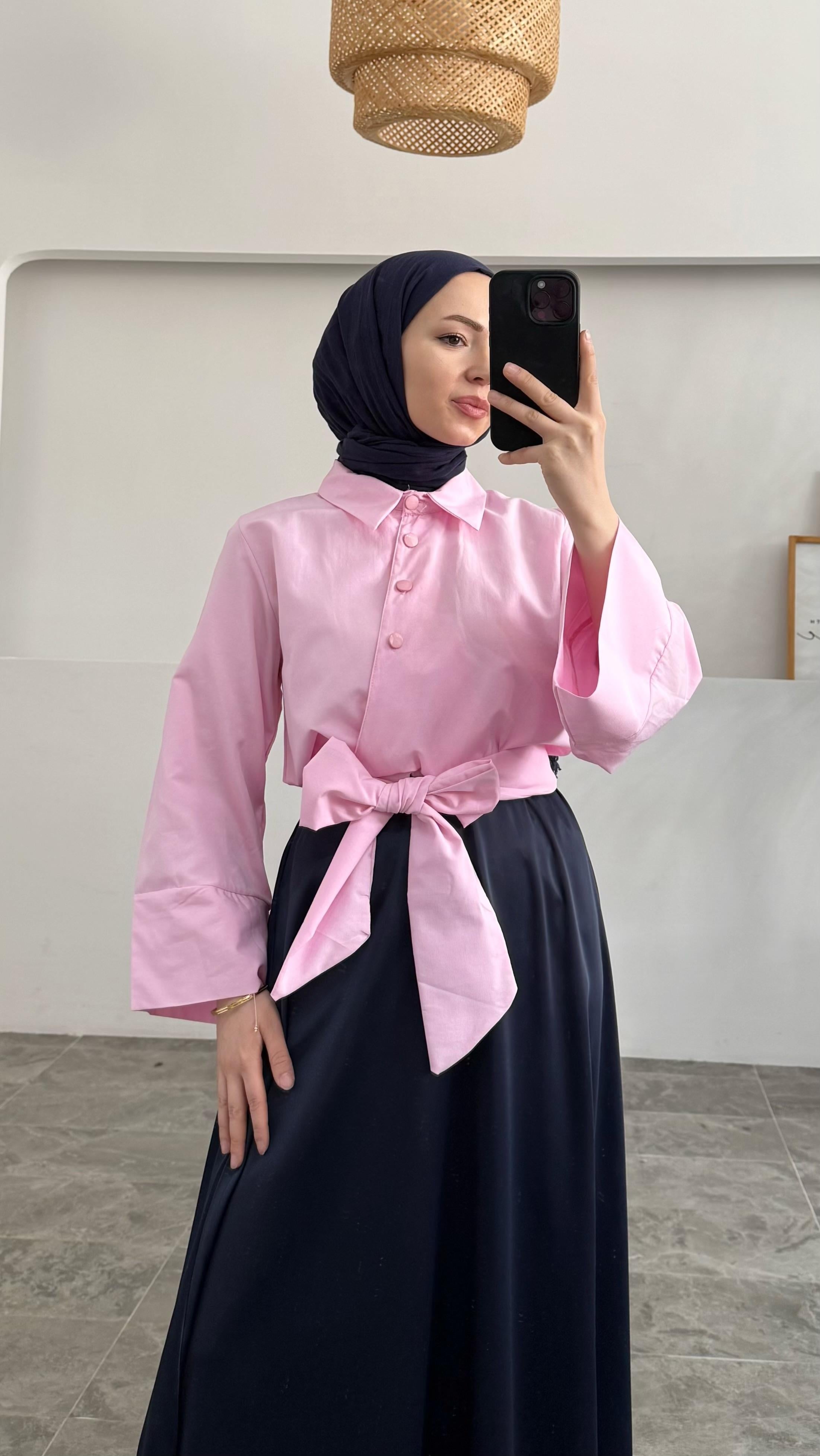 Melinda Bağlamalı Pinterest Model Pembe Gömlek