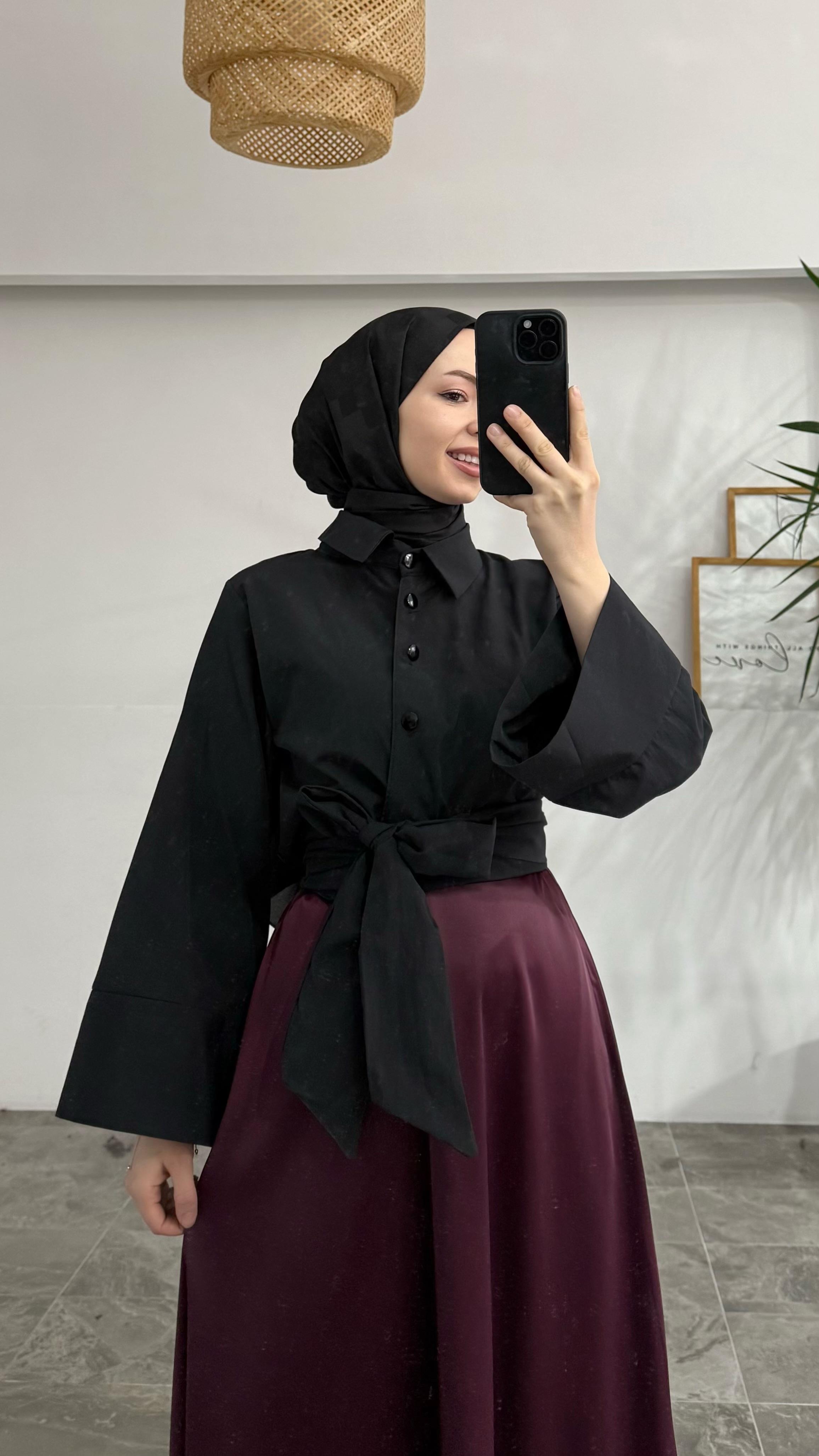 Melinda Bağlamalı Pinterest Model Siyah Gömlek