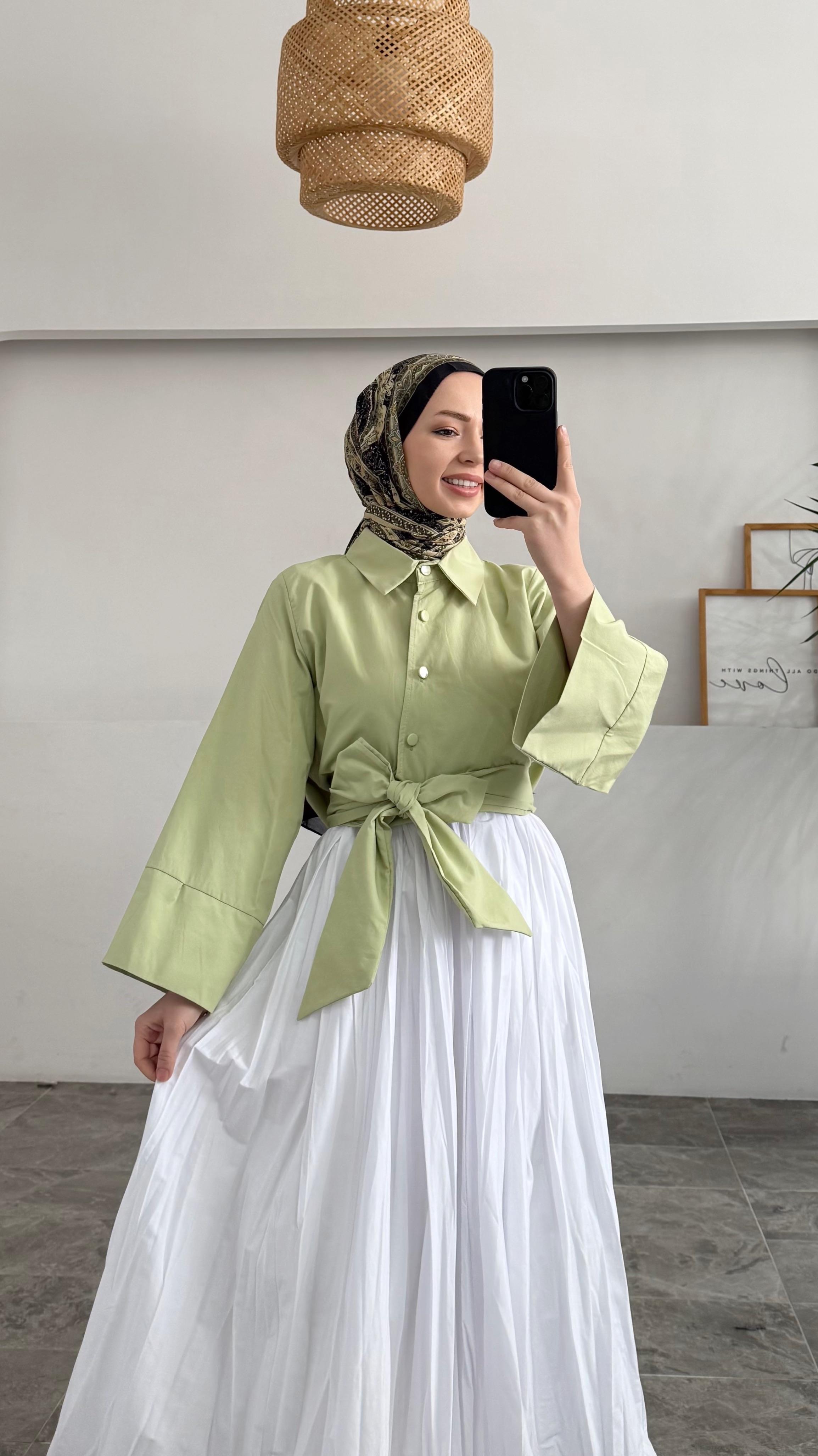 Melinda Bağlamalı Pinterest Model Yeşil Gömlek