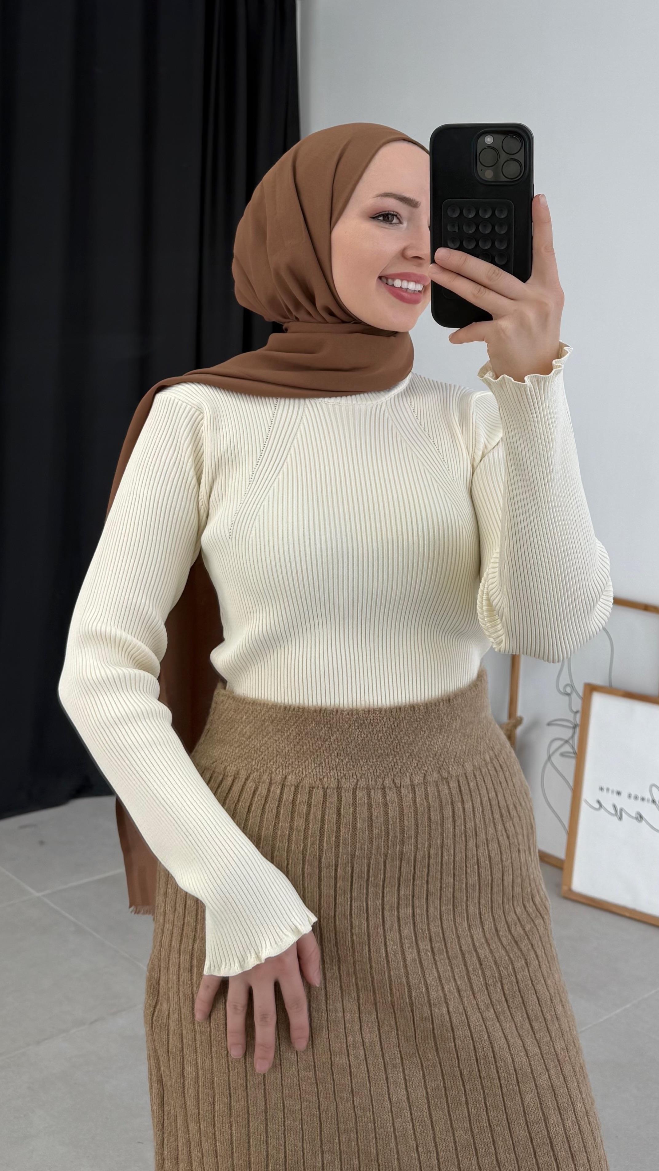 Merserize Tüylenmez Premıum Fitilli Bej Bluz (3144)