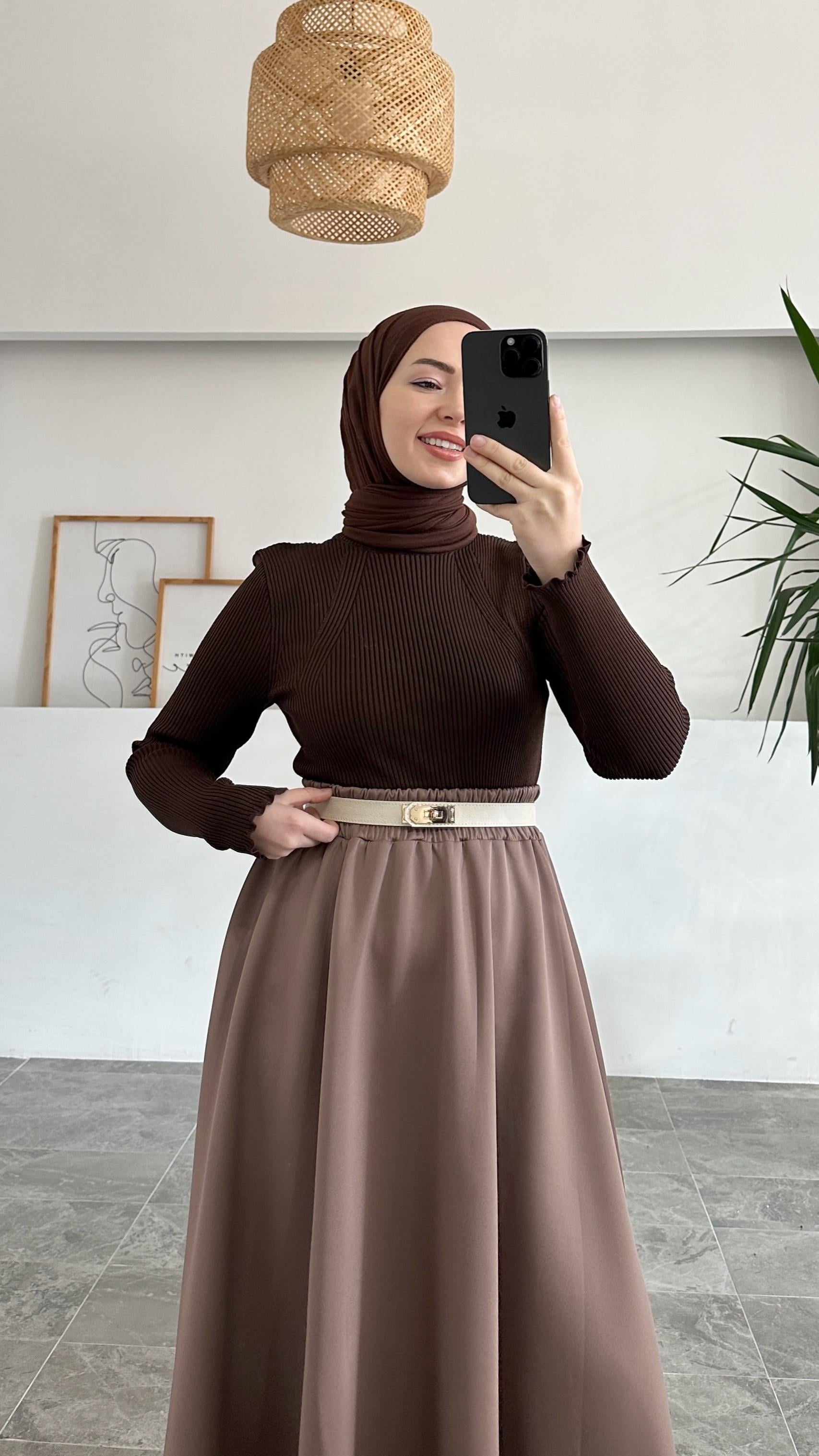 Merserize Tüylenmez Premıum Fitilli Kahverengi Bluz