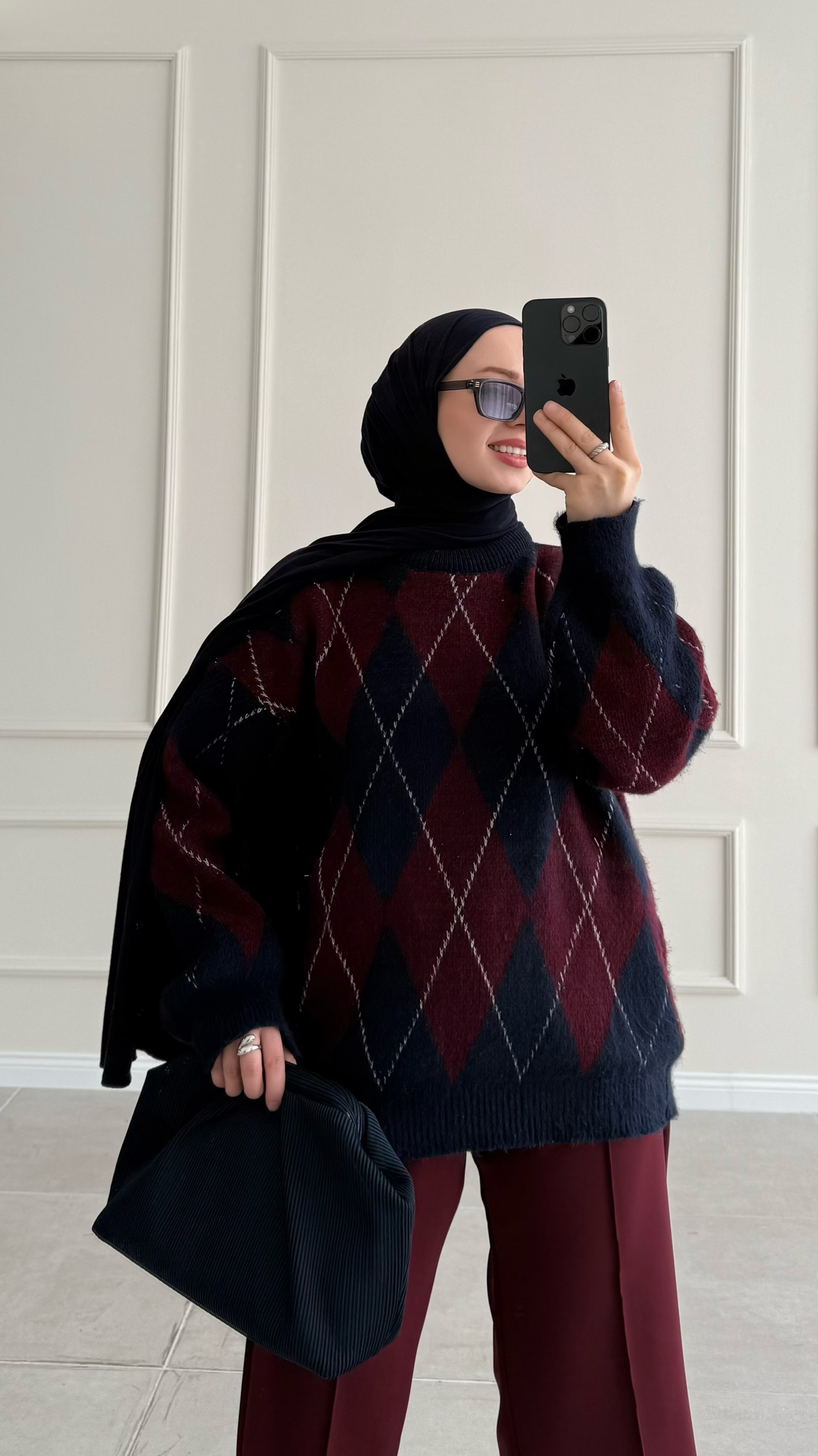 Miray Oversize Baklava Desen Bordo Laci Kazak