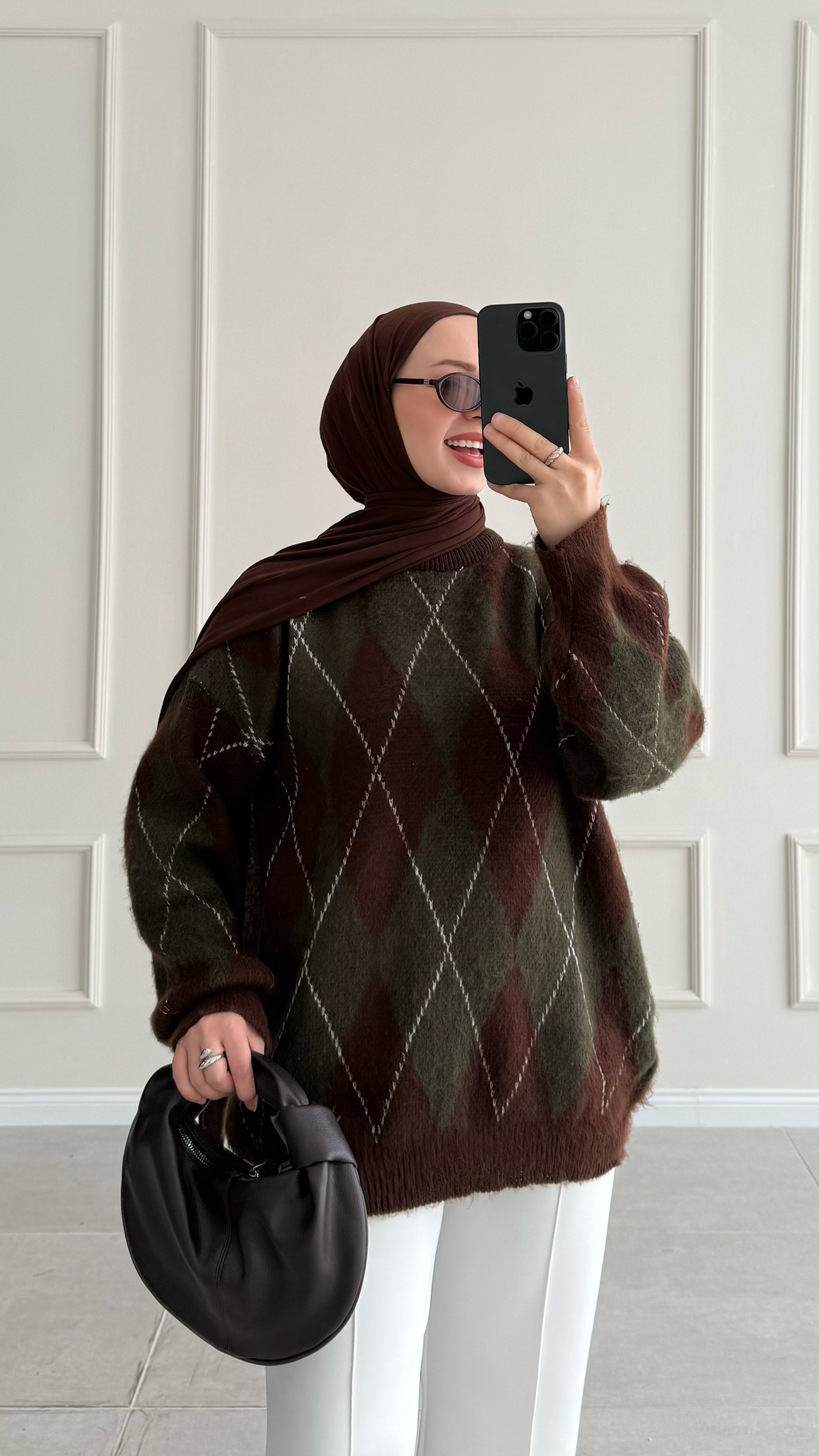 Miray Oversize Baklava Desen Kahverengi Kazak