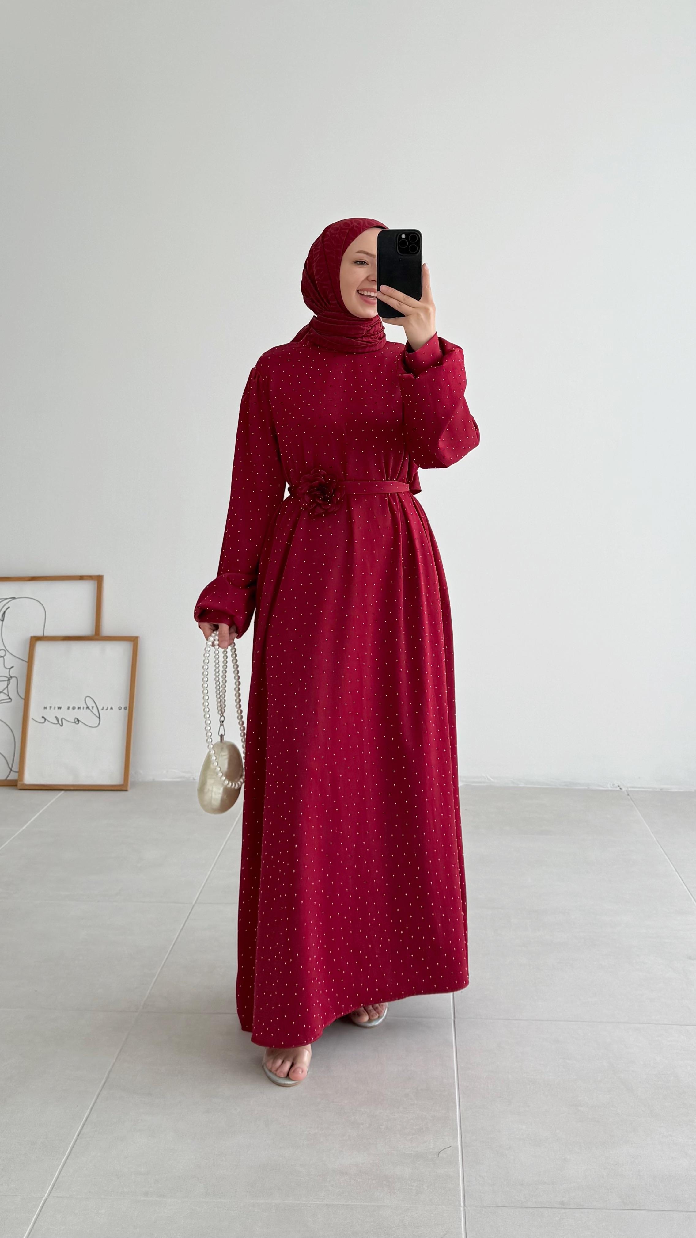 Nell Pullu Bordo Abiye Elbise