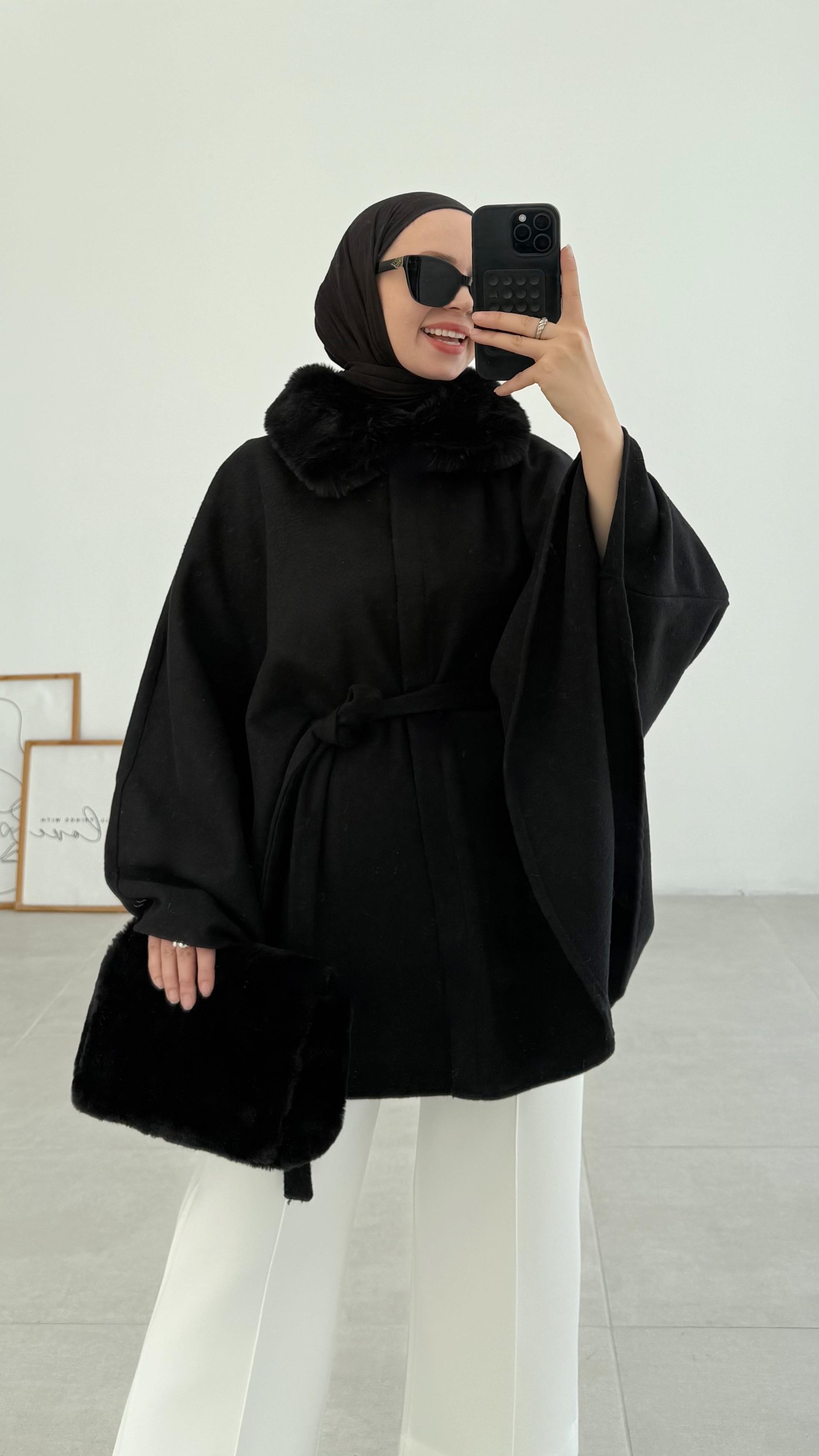 Nixi Premıum Kürk Yaka Siyah Panço 