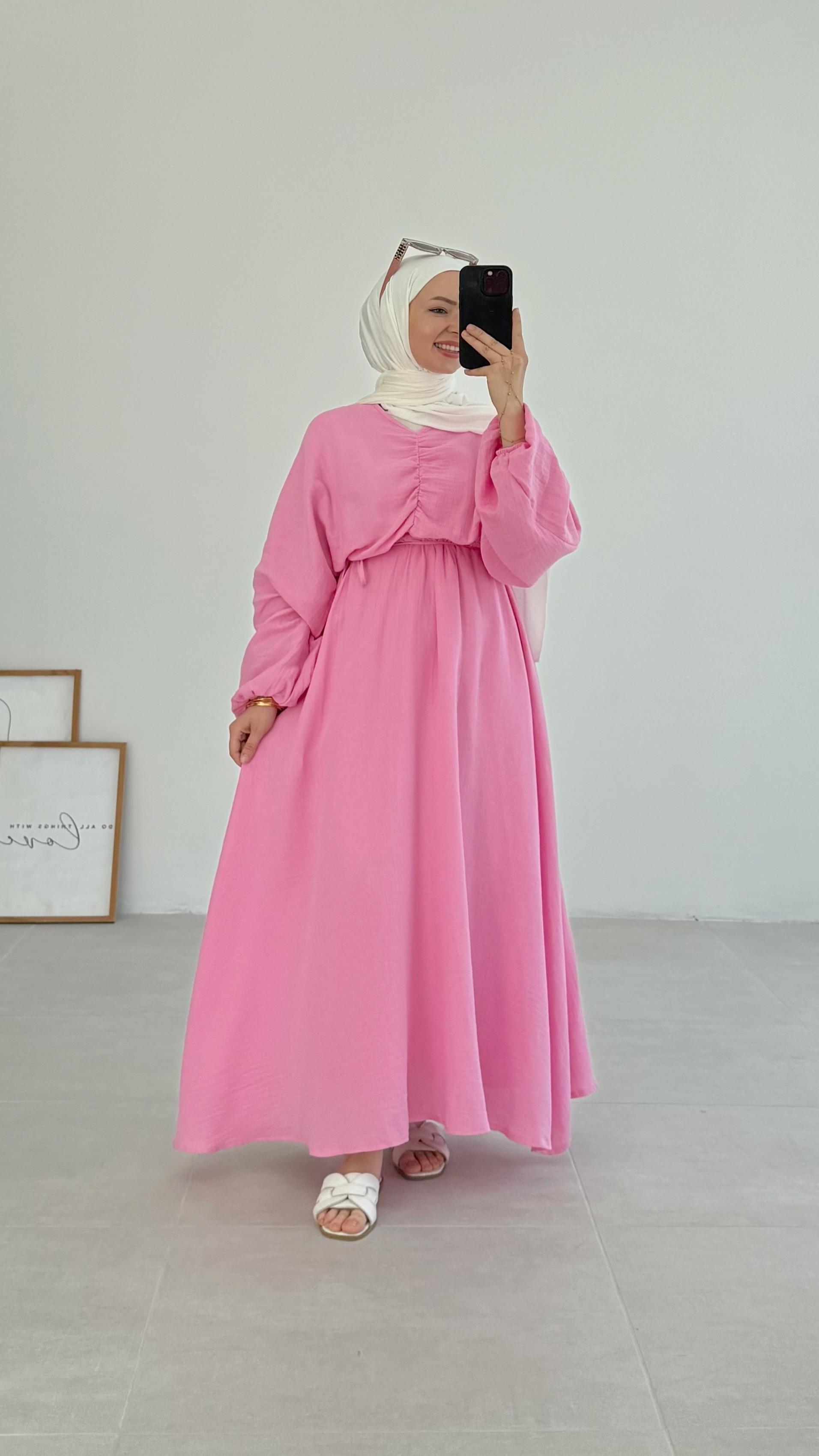 Pansel Büzgülü Müslin Pembe Elbise