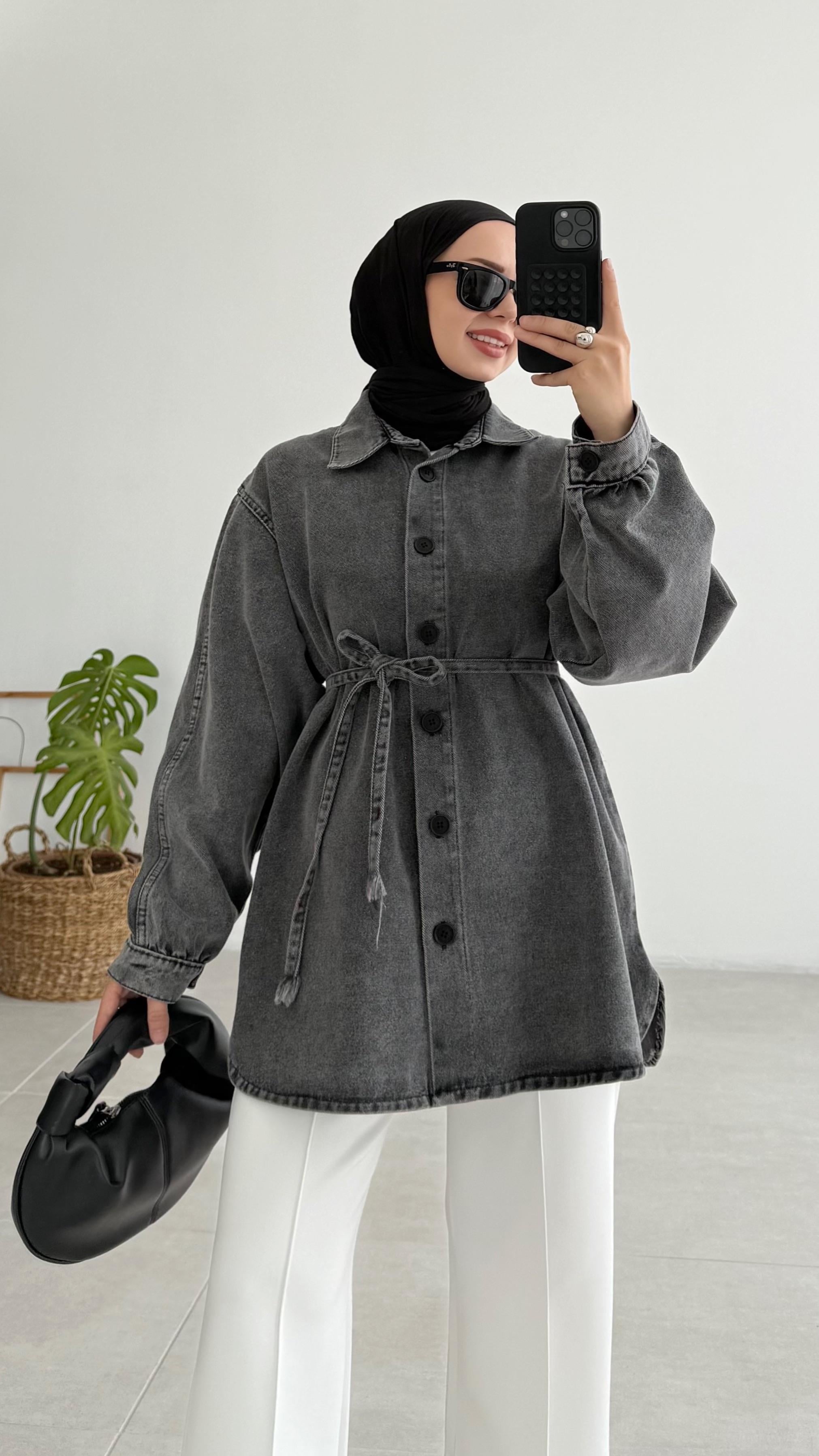 Passe Bel Bağlamalı Antrasit Kot Ceket