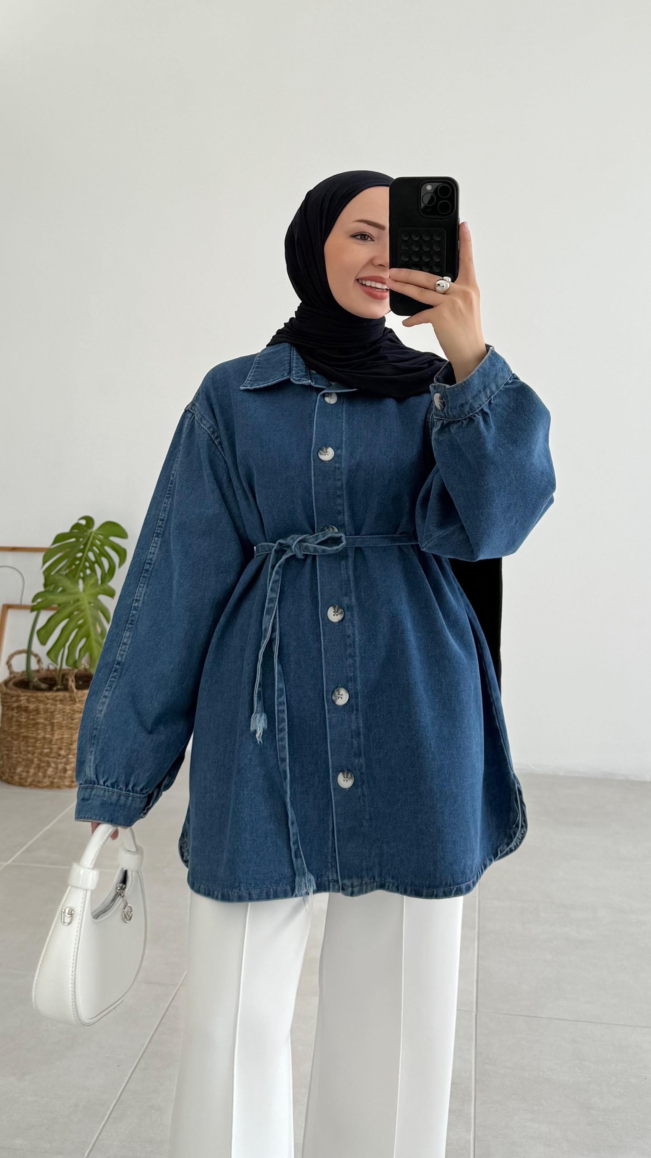 Passe Bel Bağlamalı Mavi Kot Ceket