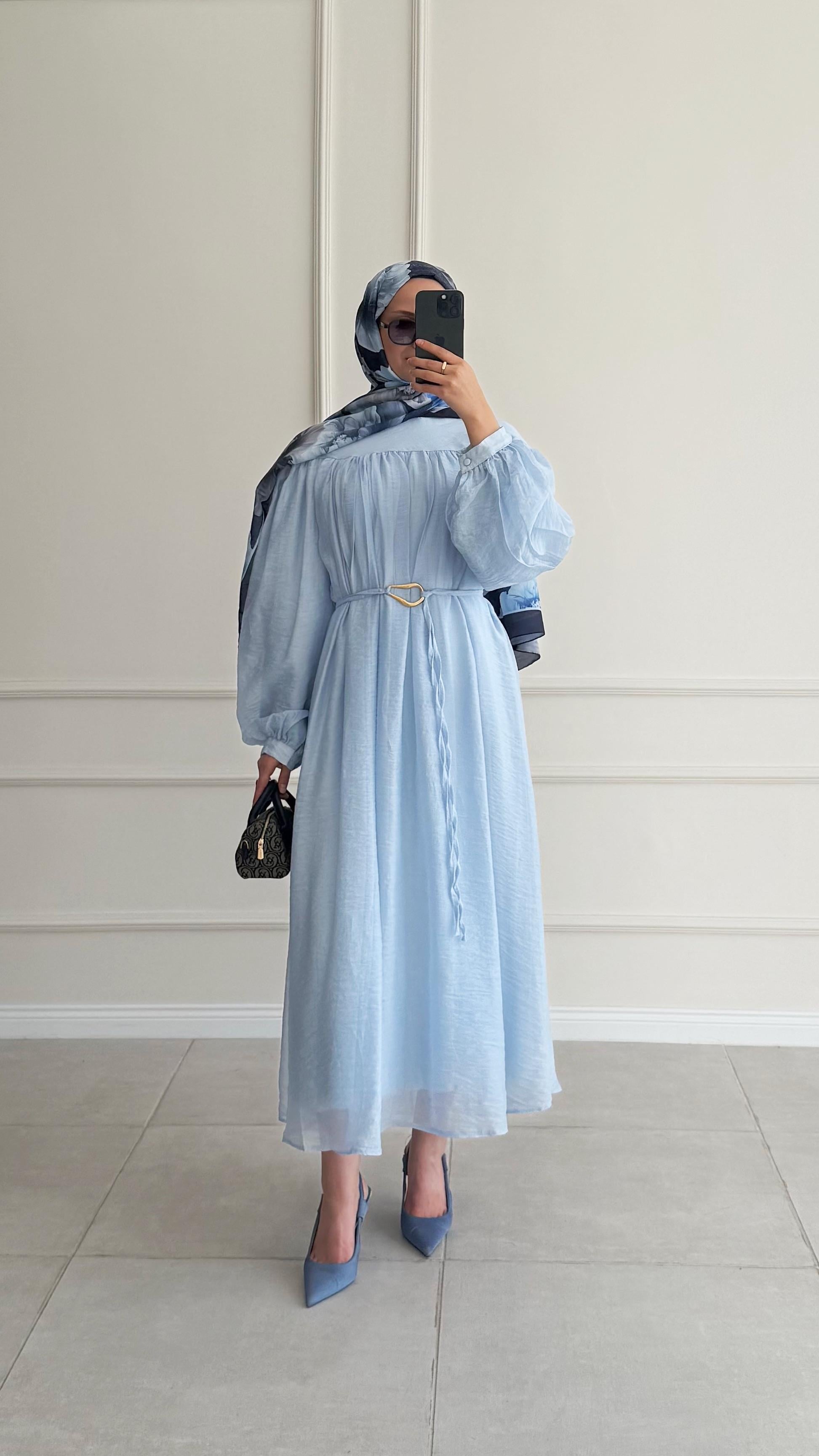 Pena Gold Kemerli Şifon Mavi Elbise  