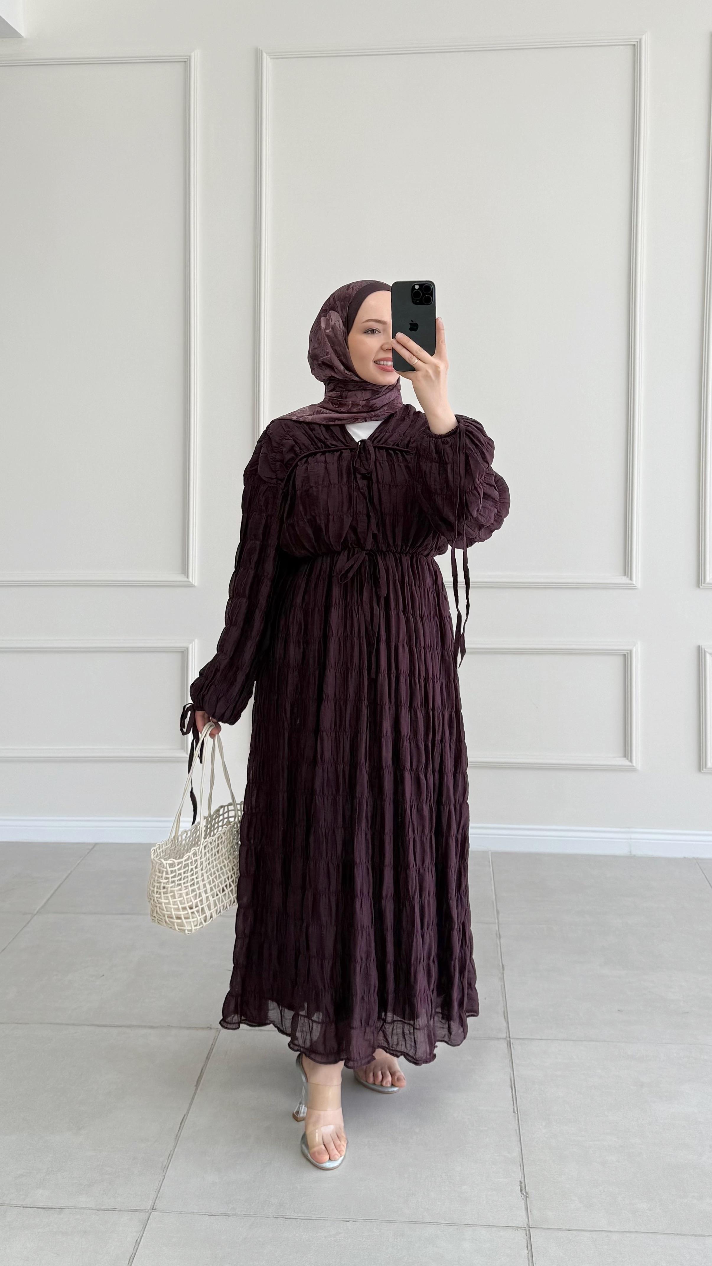 Perana Bağcıklı Bordo Elbise 