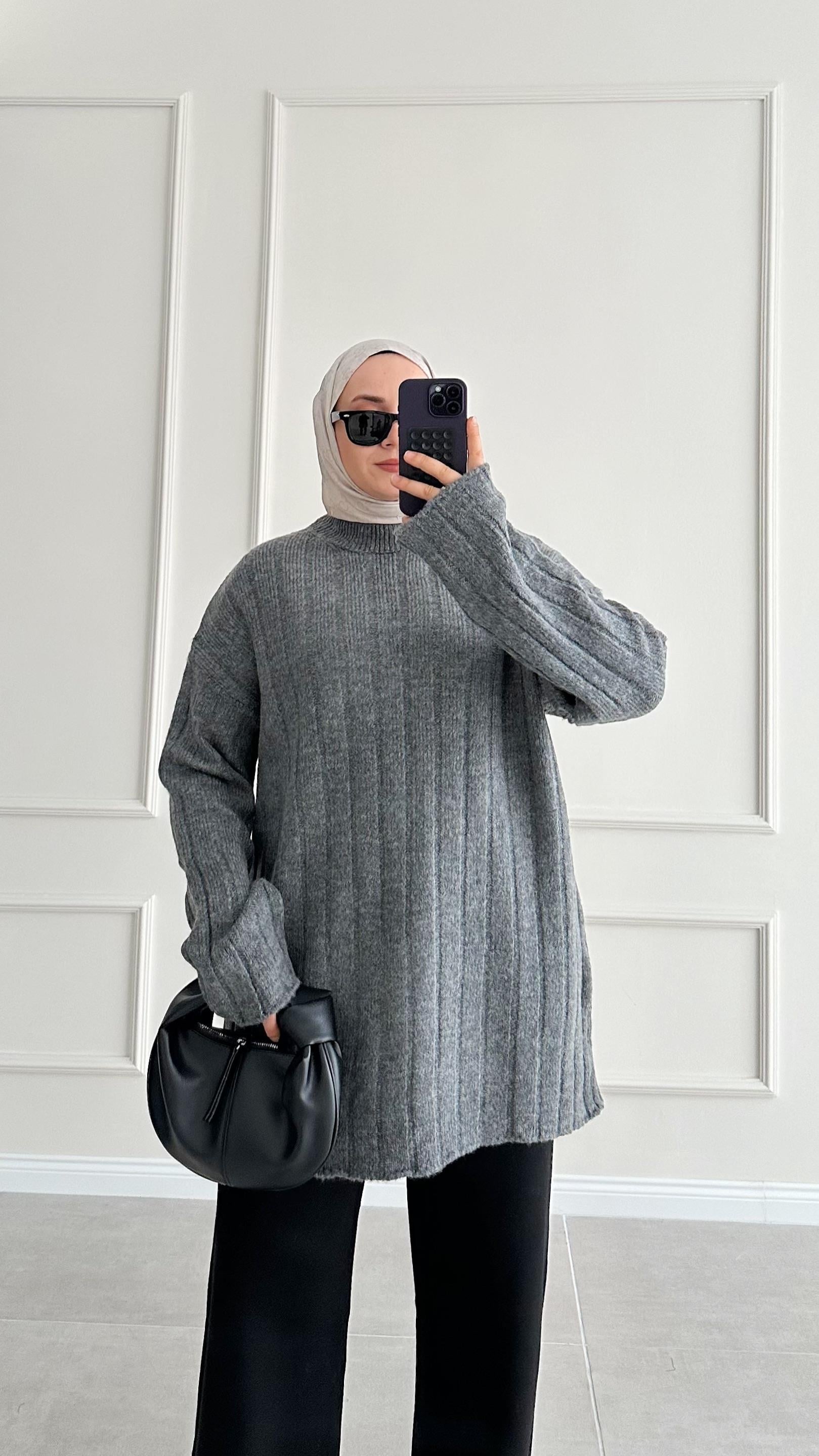 Piace Çizgili Antrasit Triko Kazak 